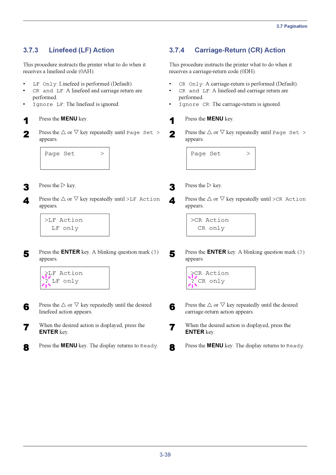 Kyocera FS-C8026N manual Linefeed LF Action, Carriage-Return CR Action, LF Action LF only, CR Action CR only 
