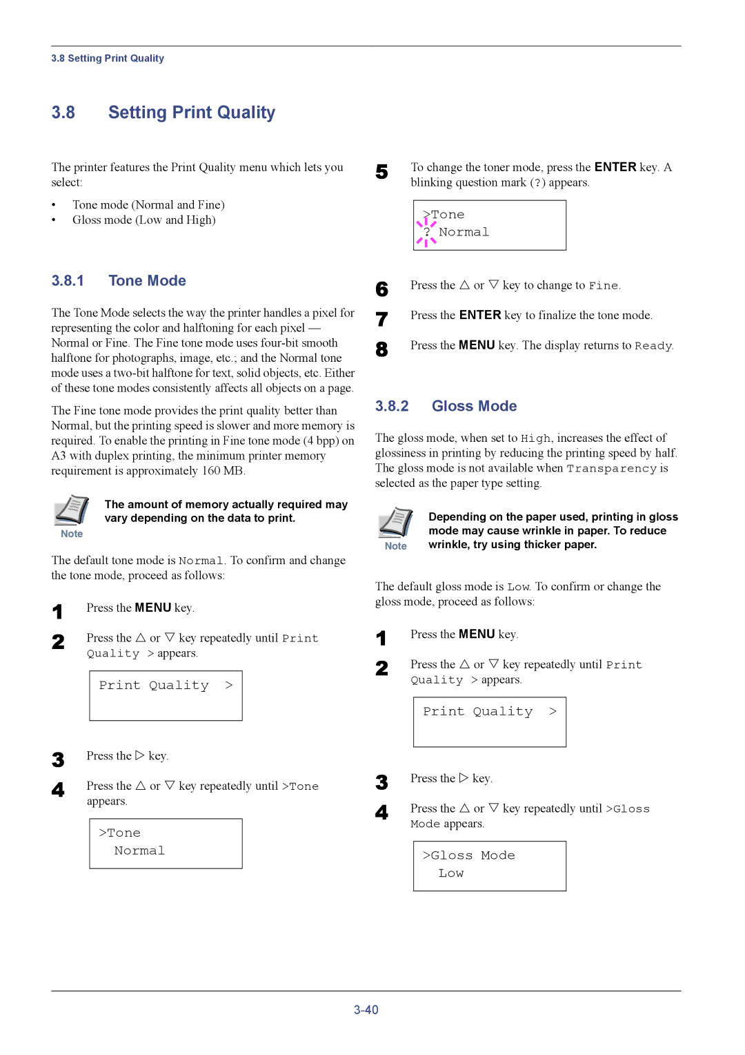 Kyocera FS-C8026N manual Setting Print Quality, Tone Mode, Gloss Mode 