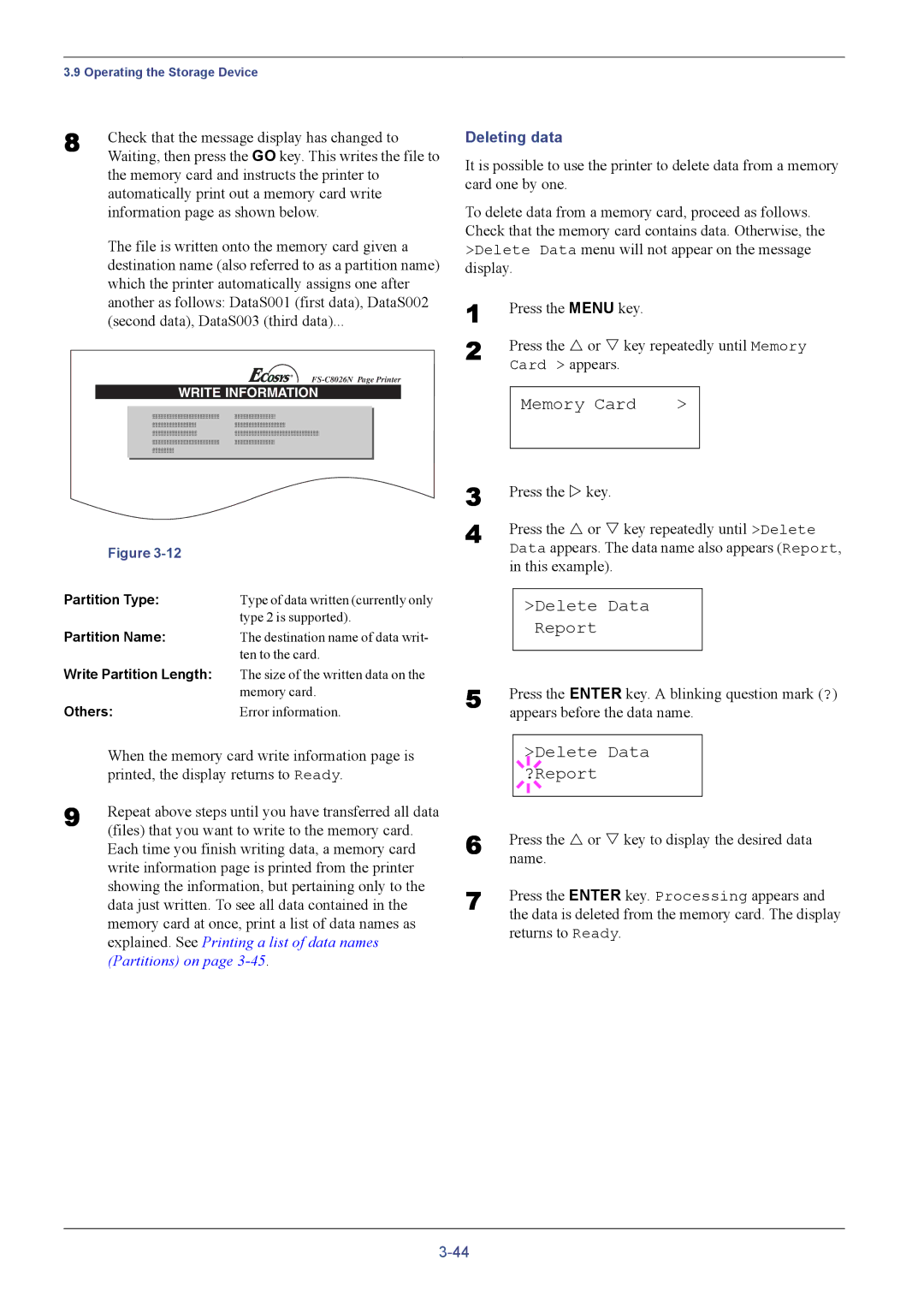 Kyocera FS-C8026N manual Delete Data, Deleting data 