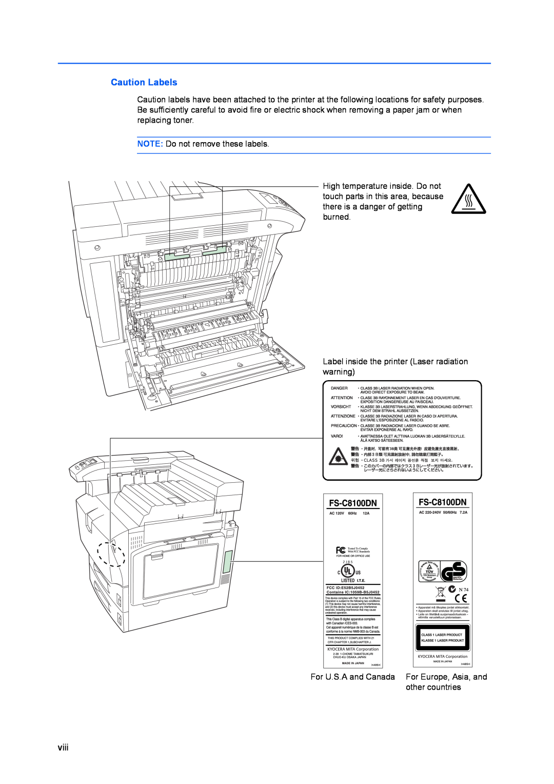 Kyocera FS-C8100DN manual Caution Labels, viii 