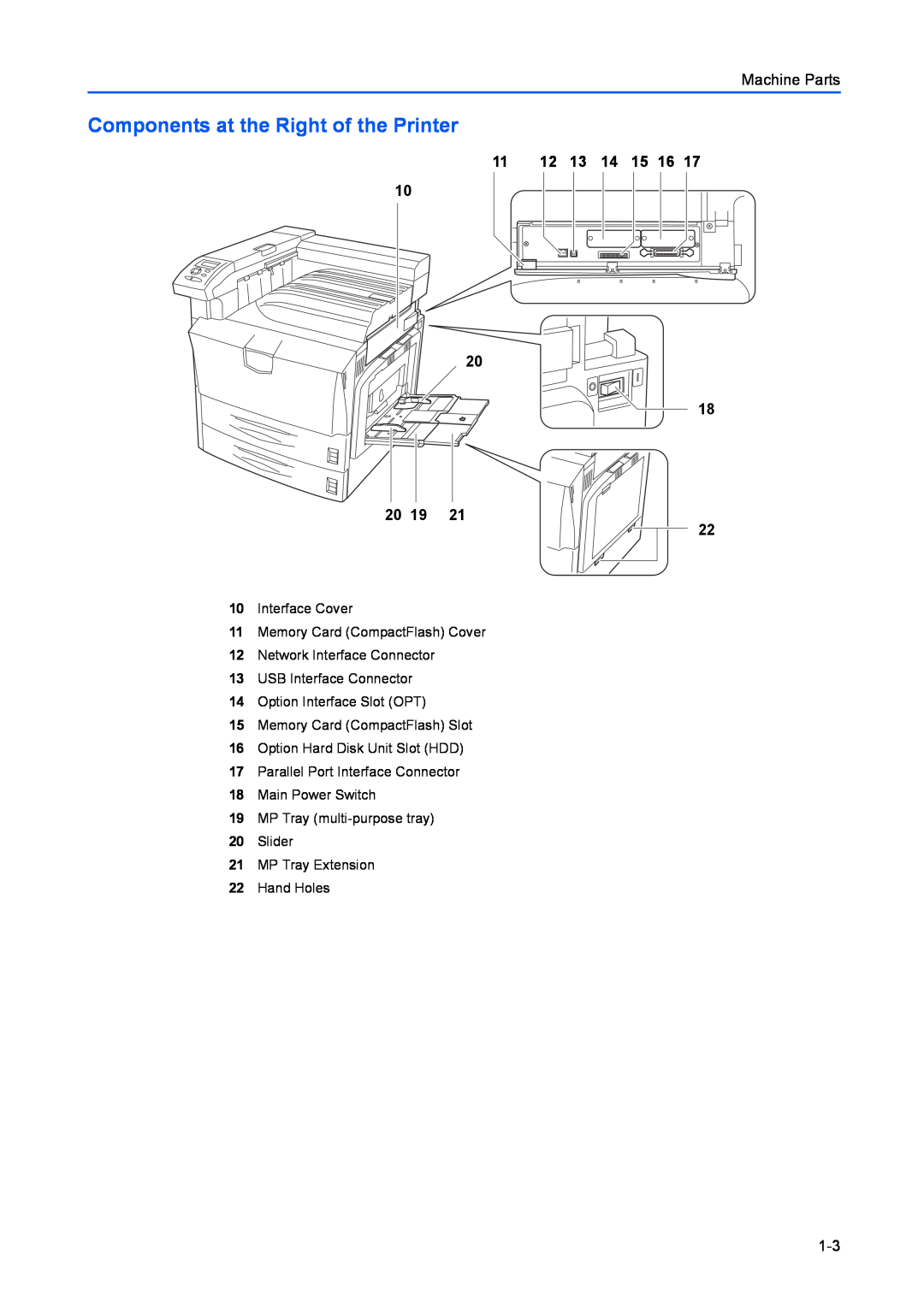 Kyocera FS-C8100DN manual Components at the Right of the Printer, 11 12 13 14 15 16, 20 19, Machine Parts 