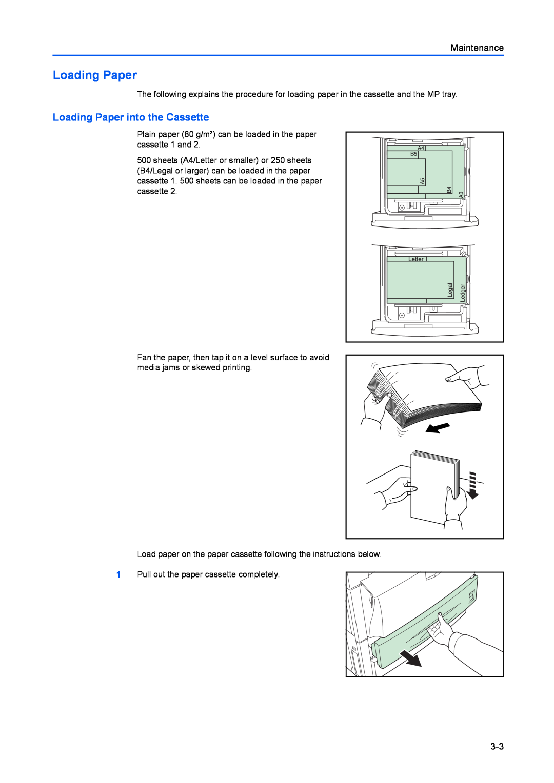 Kyocera FS-C8100DN manual Loading Paper into the Cassette, Maintenance 