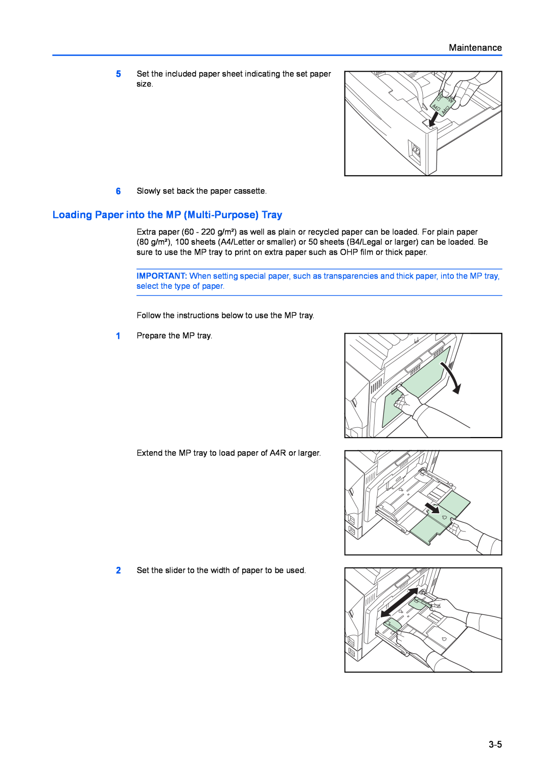 Kyocera FS-C8100DN manual Loading Paper into the MP Multi-Purpose Tray, Maintenance 