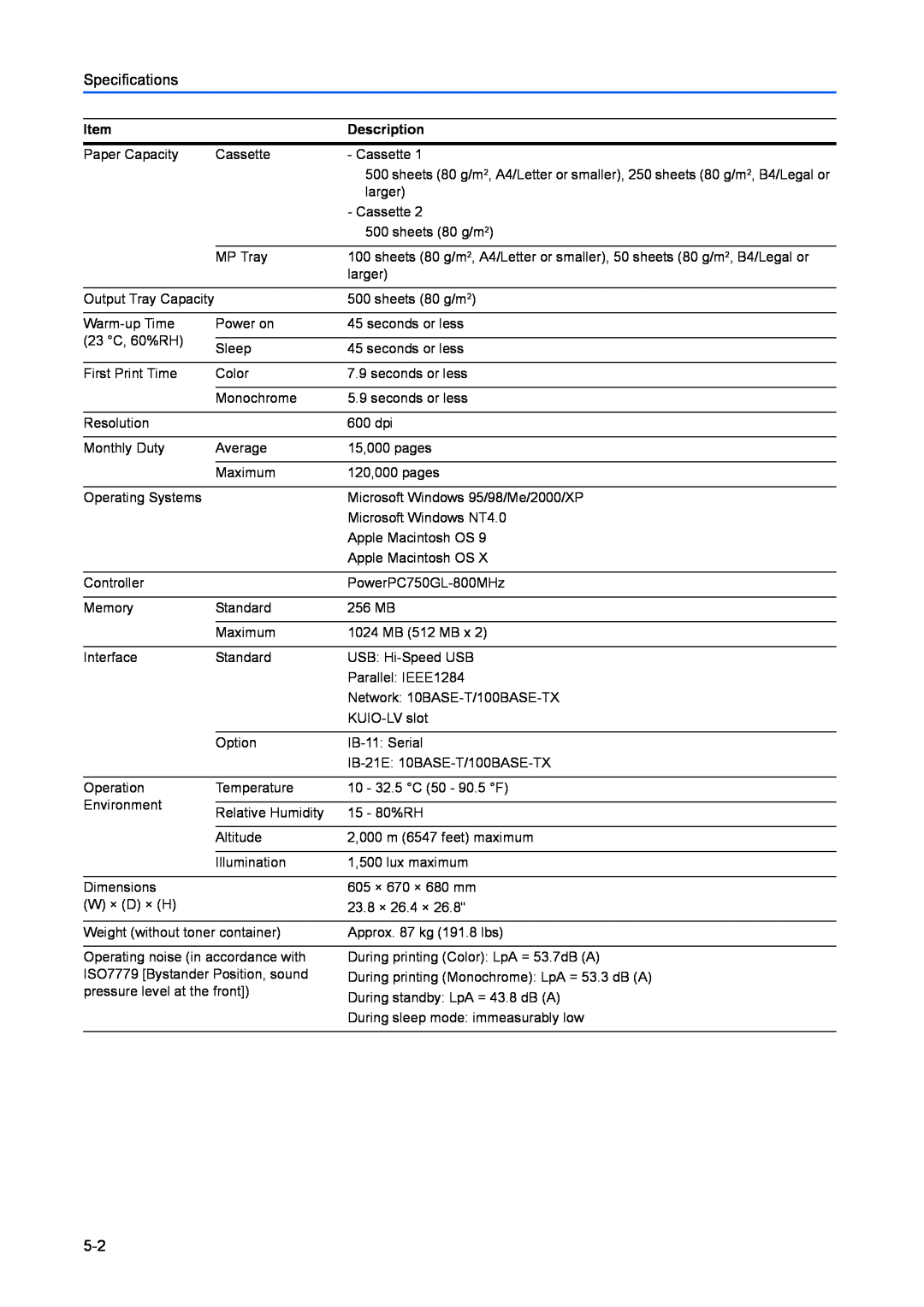 Kyocera FS-C8100DN manual Specifications 