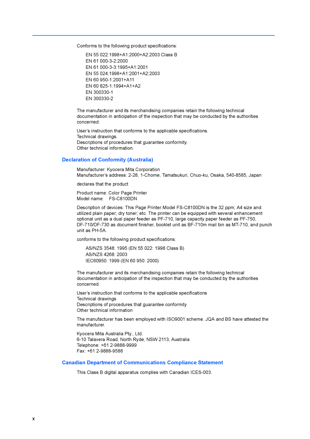 Kyocera FS-C8100DN manual Declaration of Conformity Australia, Canadian Department of Communications Compliance Statement 