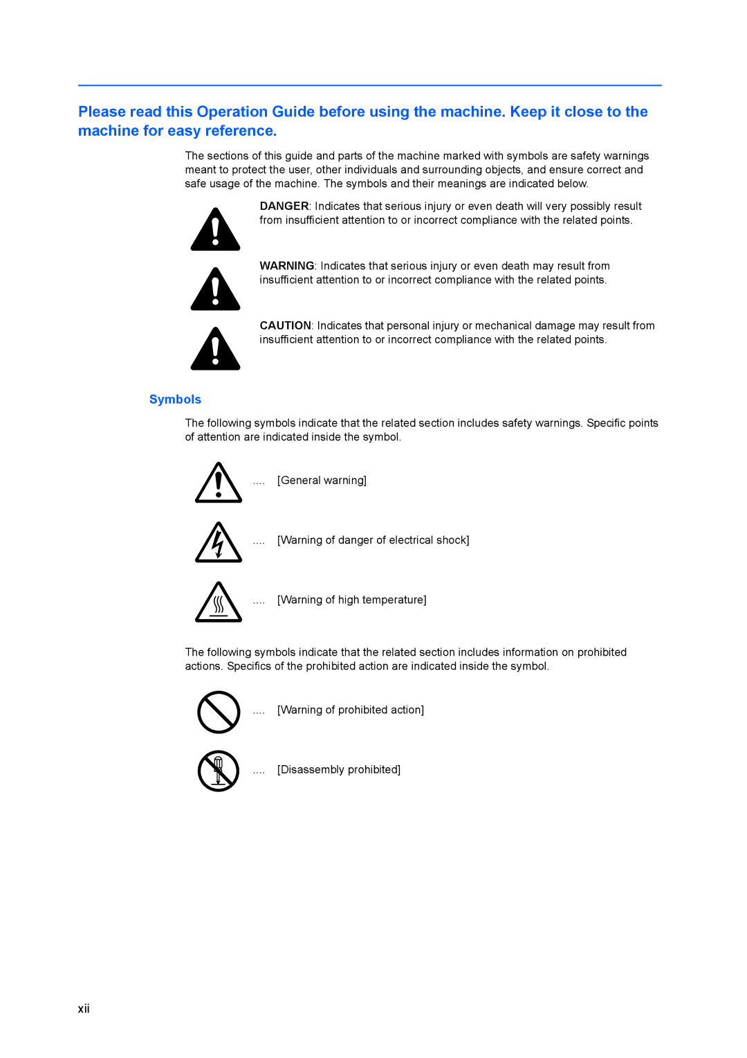 Kyocera FS-C8100DN manual Symbols, Xii 