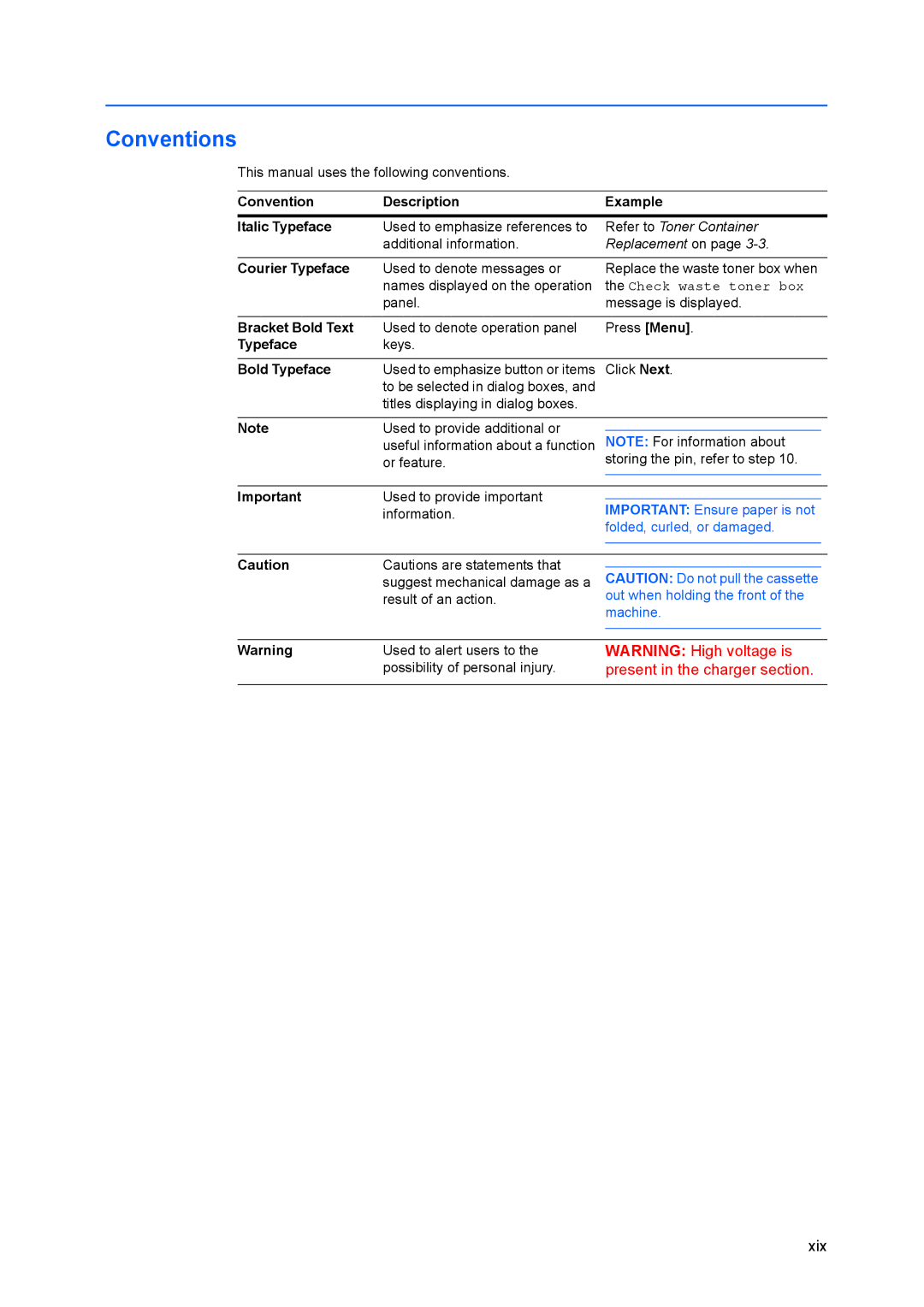 Kyocera FS-C8100DN manual Convention Description Example Italic Typeface, Bracket Bold Text, Bold Typeface 