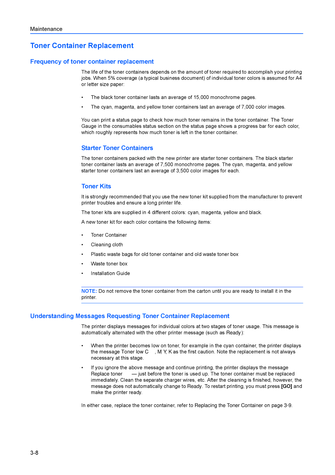 Kyocera FS-C8100DN manual Toner Container Replacement, Frequency of toner container replacement, Starter Toner Containers 