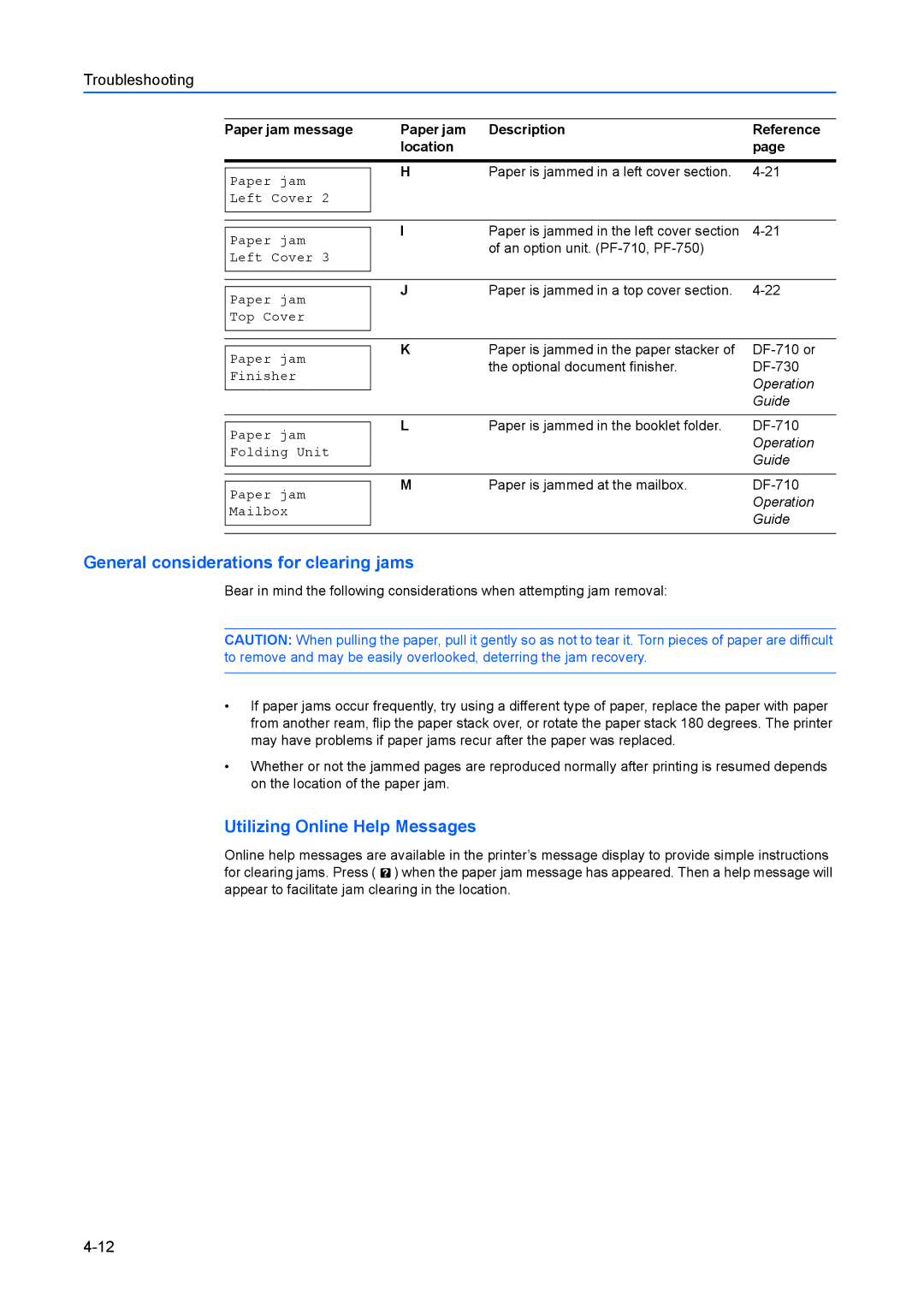 Kyocera FS-C8100DN manual General considerations for clearing jams, Utilizing Online Help Messages 