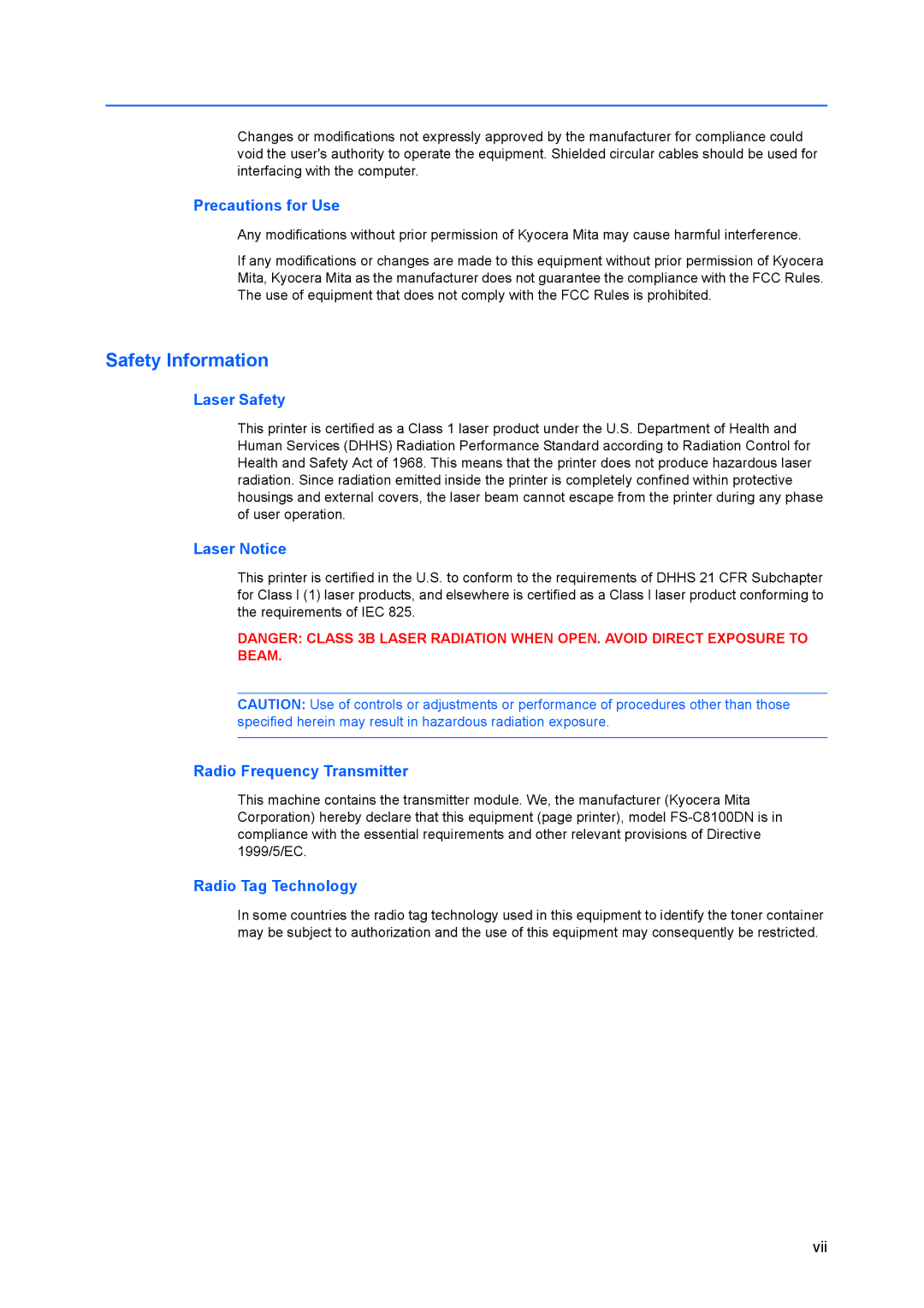 Kyocera FS-C8100DN Precautions for Use, Laser Safety, Laser Notice, Radio Frequency Transmitter, Radio Tag Technology 