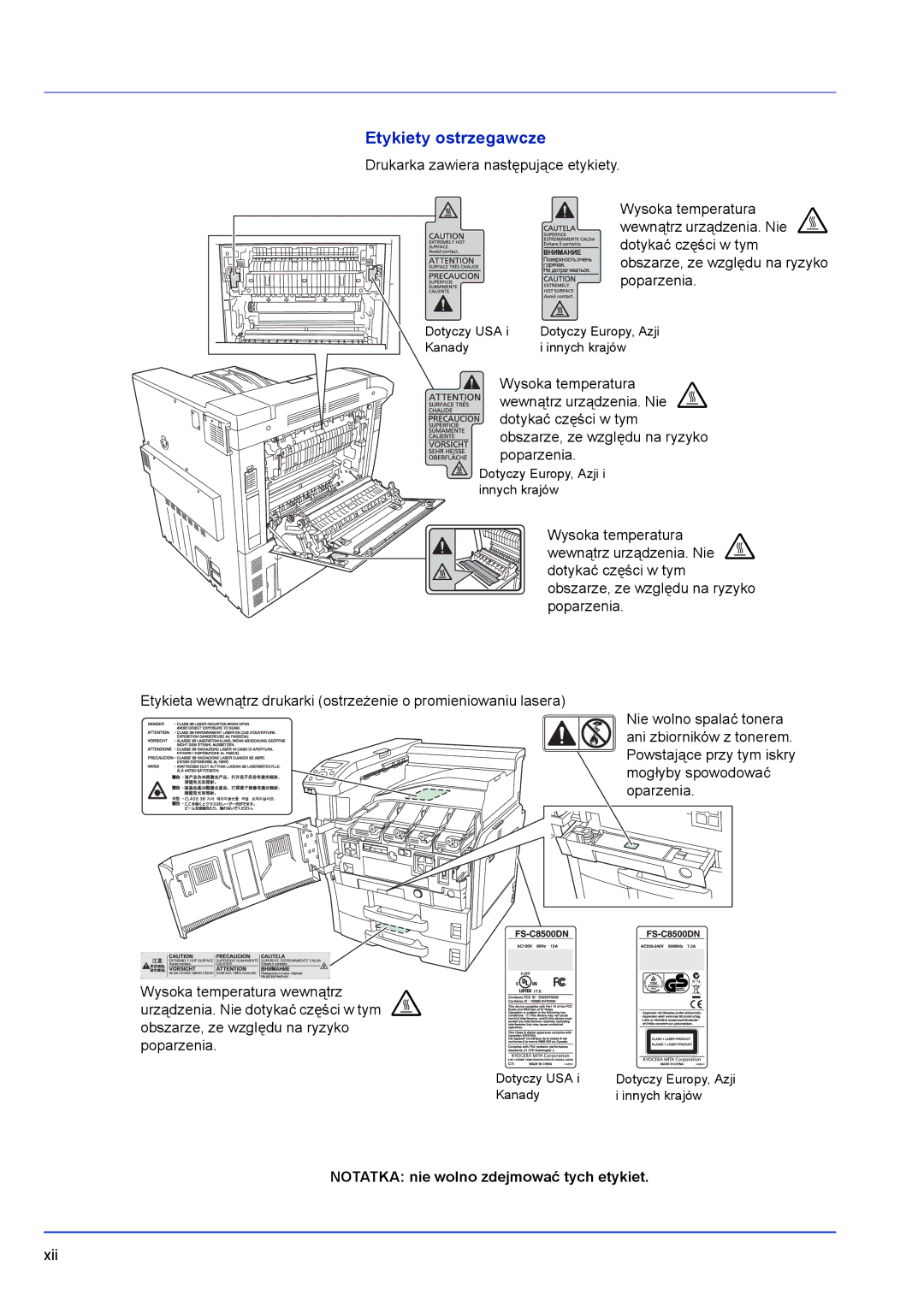 Kyocera FS-C8500DN manual Etykiety ostrzegawcze, Notatka nie wolno zdejmować tych etykiet 