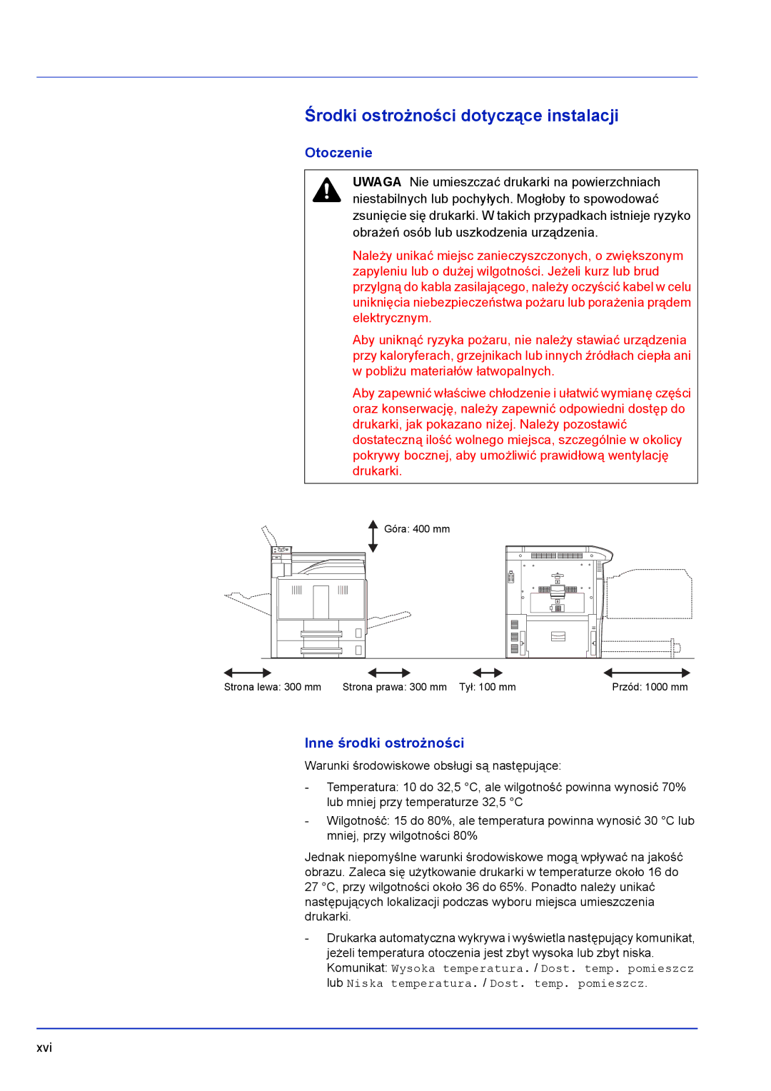 Kyocera FS-C8500DN manual Środki ostrożności dotyczące instalacji, Otoczenie, Inne środki ostrożności 