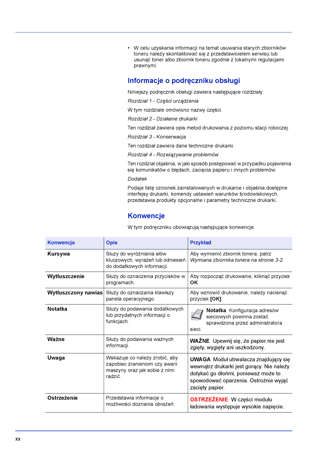 Kyocera FS-C8500DN manual Informacje o podręczniku obsługi, Konwencje, Konwencja Opis Przykład 