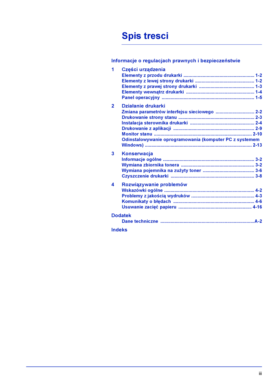 Kyocera FS-C8500DN manual Działanie drukarki, Konserwacja, Rozwiązywanie problemów, Dodatek, Indeks 