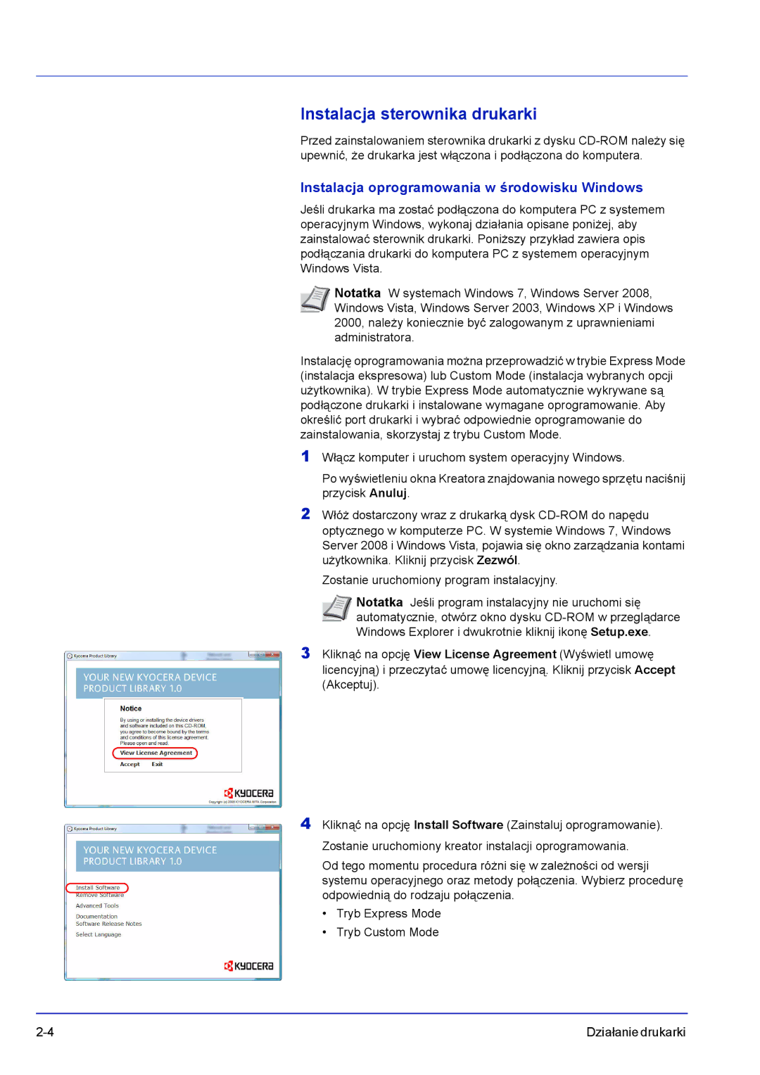 Kyocera FS-C8500DN manual Instalacja sterownika drukarki, Instalacja oprogramowania w środowisku Windows 