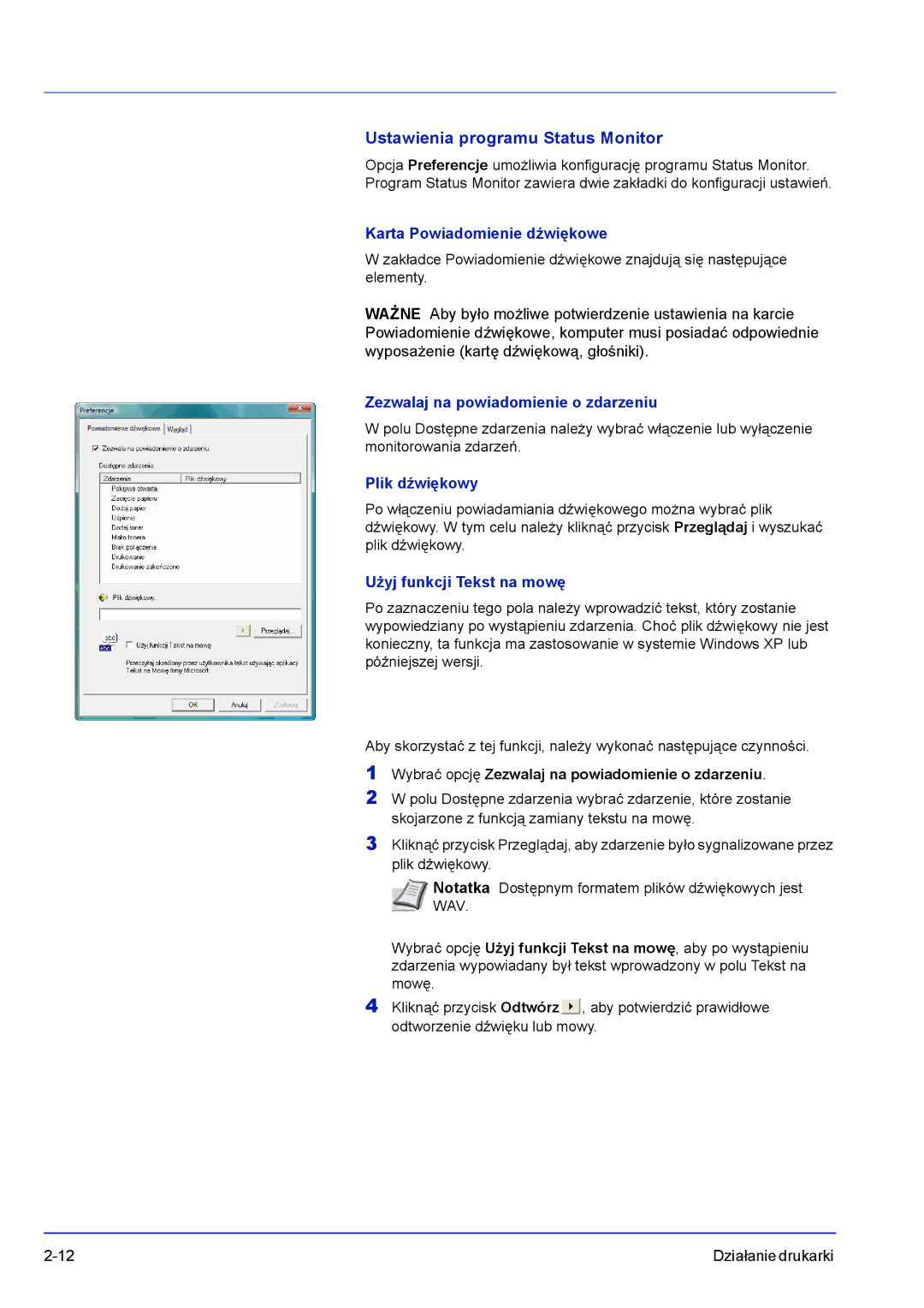 Kyocera FS-C8500DN manual Ustawienia programu Status Monitor, Karta Powiadomienie dźwiękowe, Plik dźwiękowy 