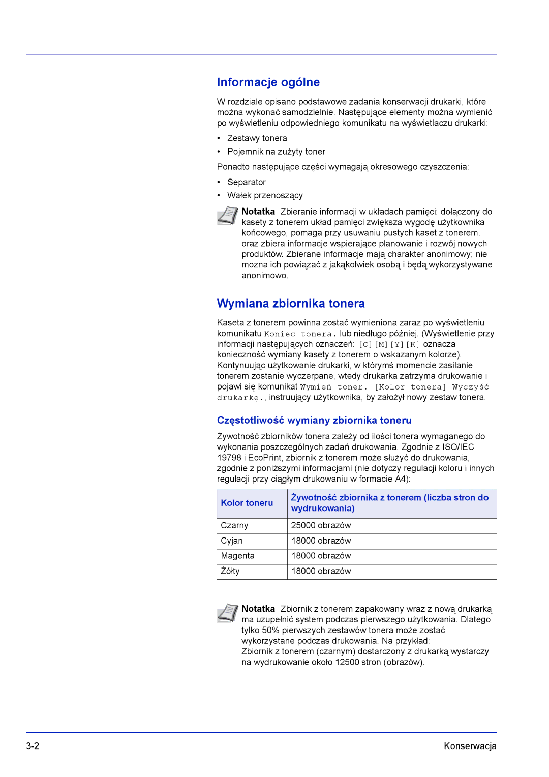 Kyocera FS-C8500DN manual Informacje ogólne, Wymiana zbiornika tonera, Częstotliwość wymiany zbiornika toneru, Kolor toneru 