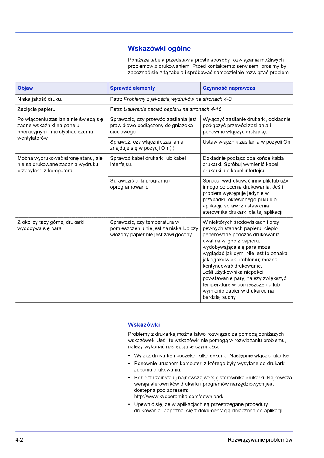 Kyocera FS-C8500DN manual Wskazówki ogólne, Objaw Sprawdź elementy Czynność naprawcza 