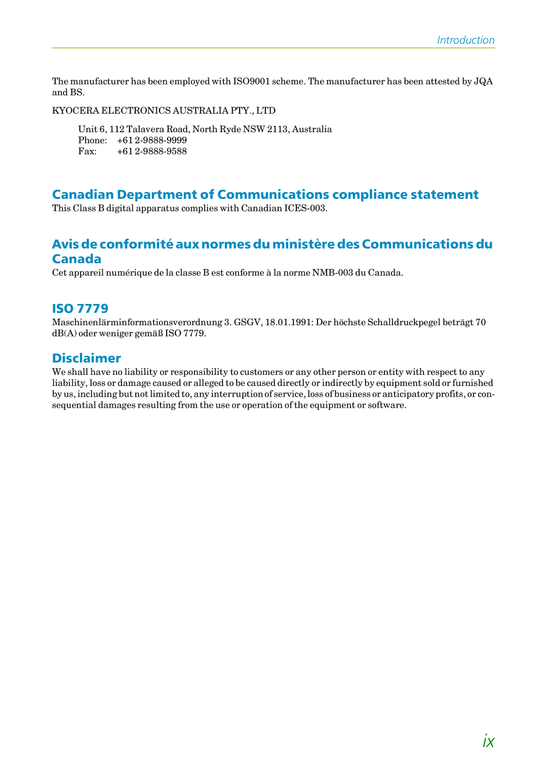 Kyocera FS1750, 3750 manual Canadian Department of Communications compliance statement, Iso, Disclaimer 