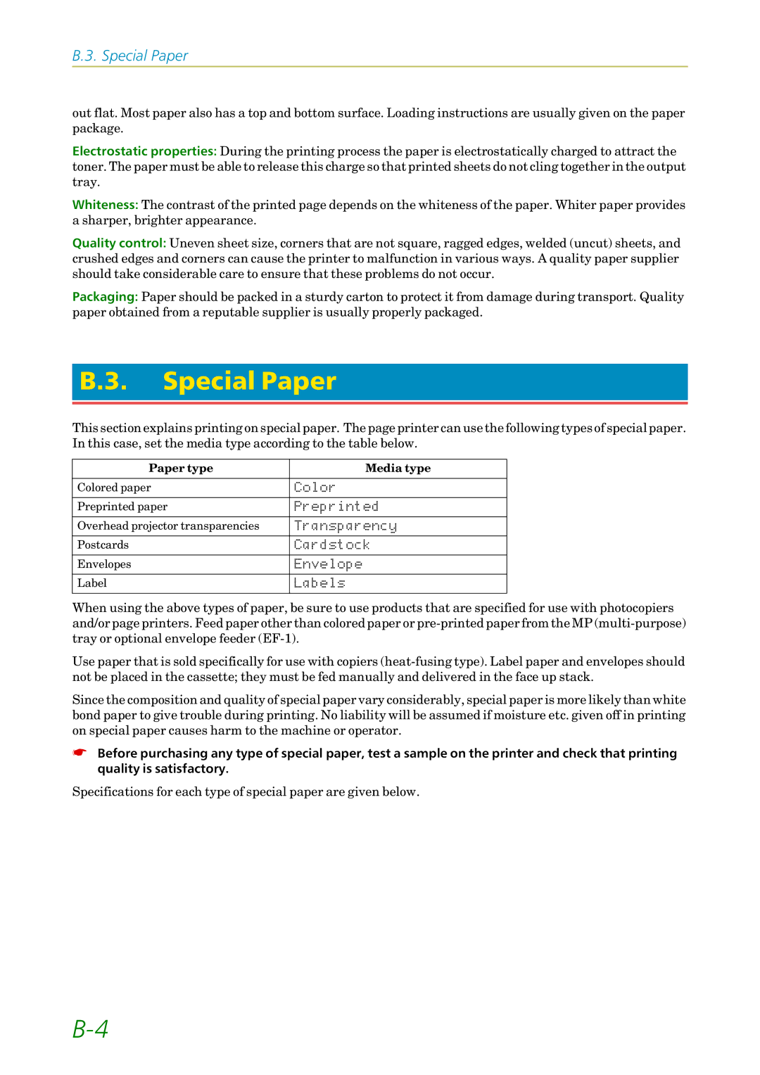 Kyocera 3750, FS1750 manual Special Paper, Paper type Media type 