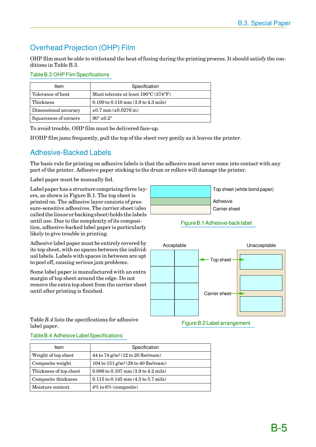 Kyocera FS1750, 3750 manual Overhead Projection OHP Film, Adhesive-Backed Labels, Table B.3 OHP Film Specifications 