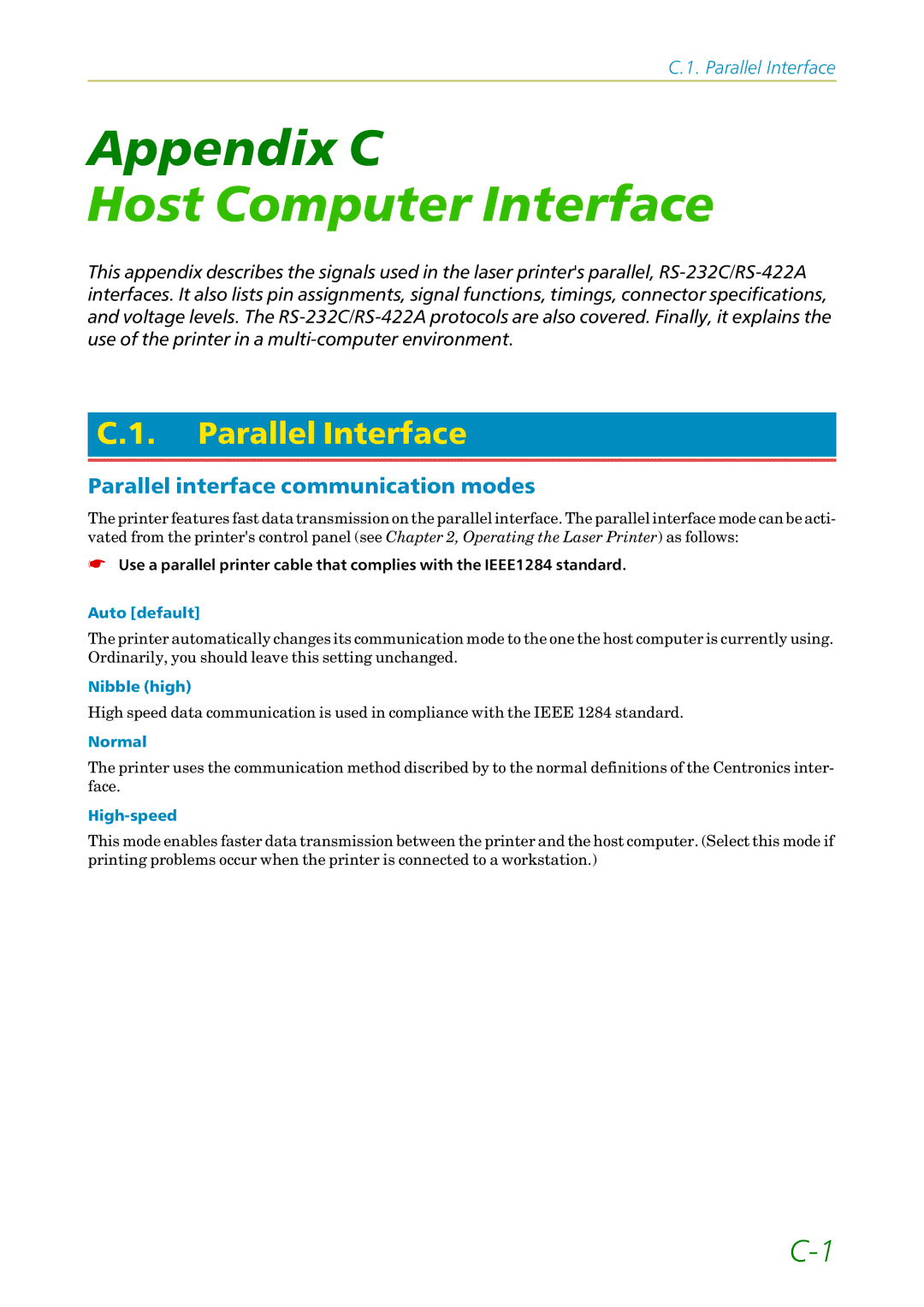 Kyocera FS1750, 3750 manual Parallel Interface, Parallel interface communication modes 