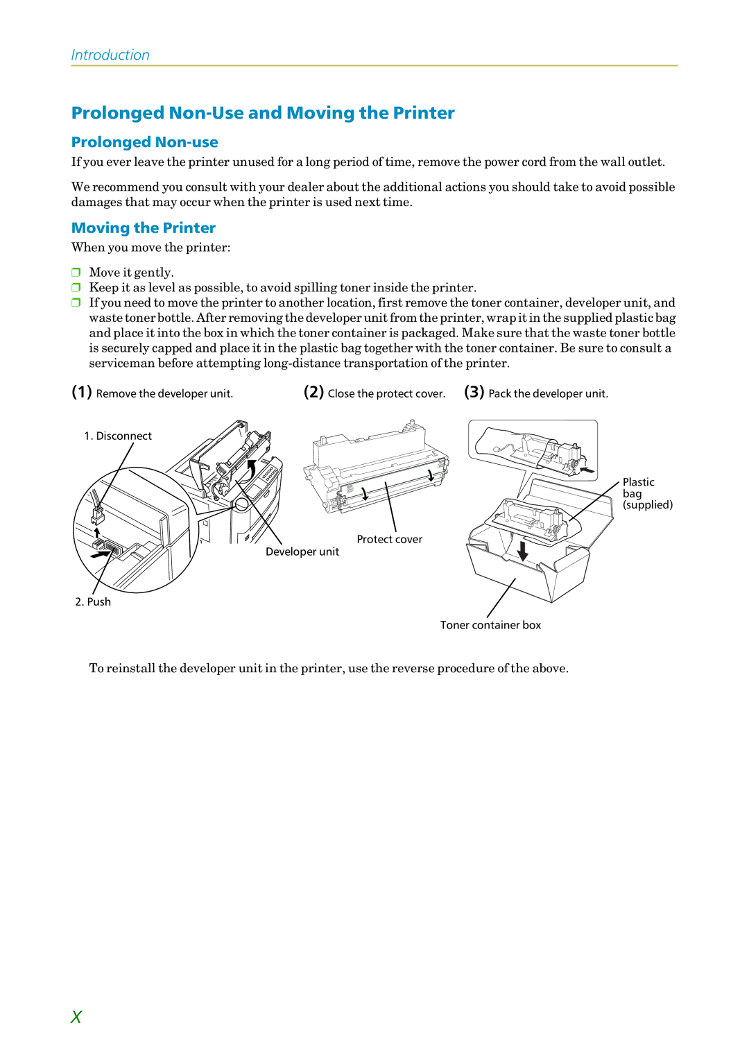 Kyocera 3750, FS1750 manual Prolonged Non-Use and Moving the Printer, Prolonged Non-use 