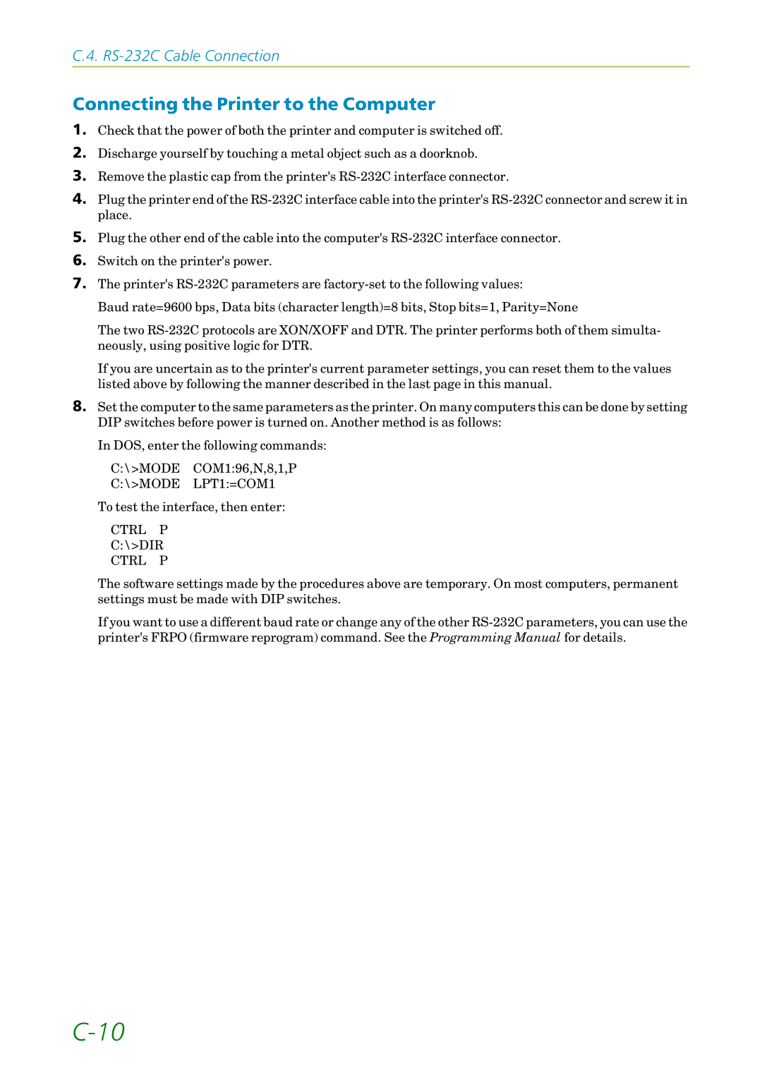 Kyocera 3750, FS1750 manual Connecting the Printer to the Computer, Ctrl P \DIR 