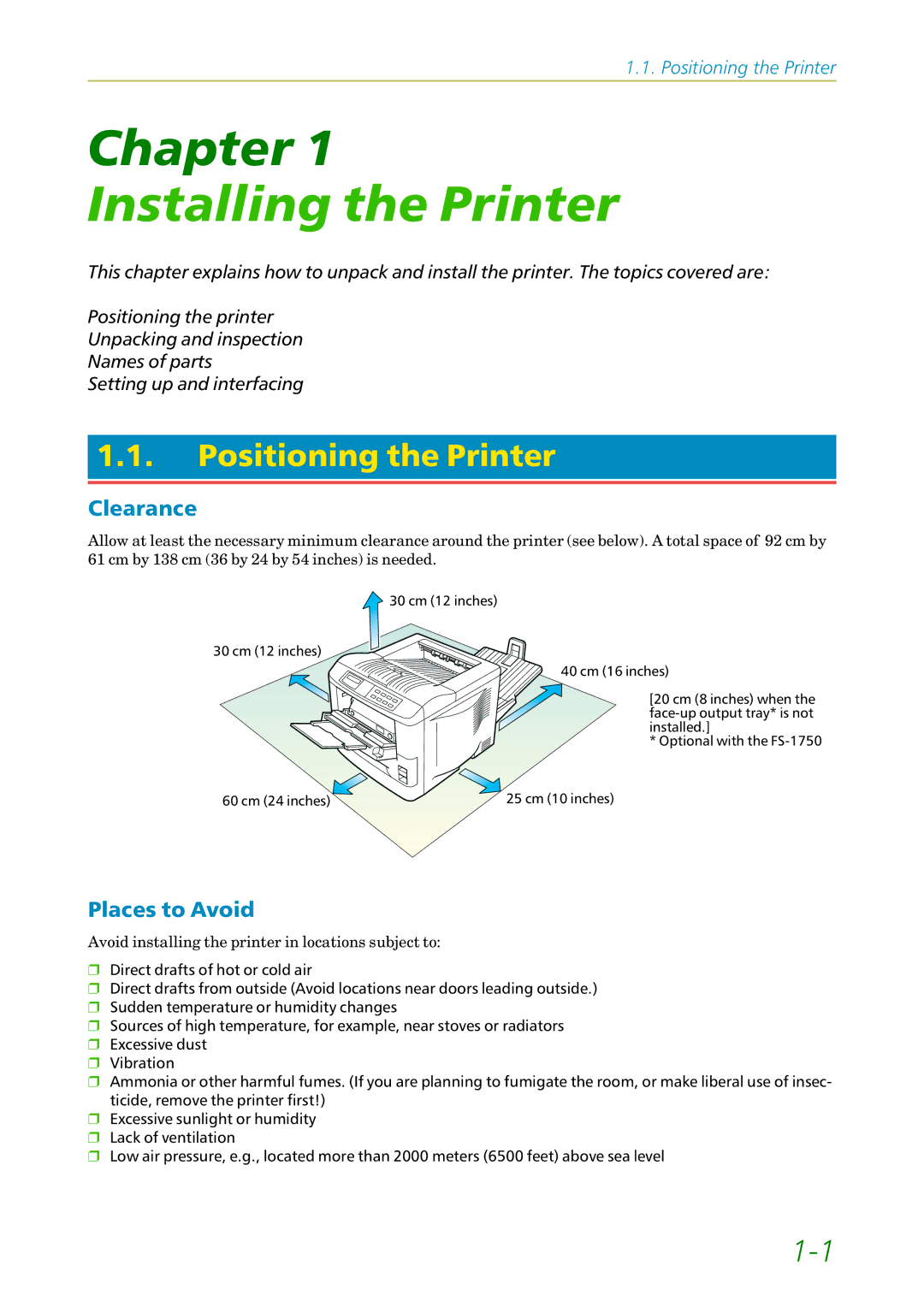 Kyocera FS1750, 3750 manual Positioning the Printer, Clearance, Places to Avoid 