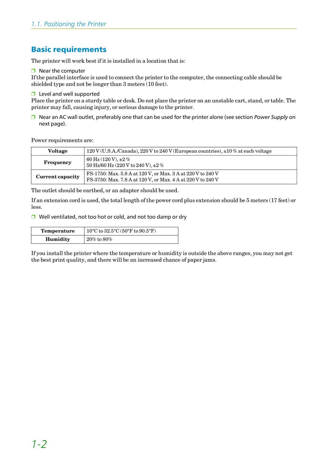 Kyocera 3750, FS1750 manual Basic requirements, Voltage, Frequency, Current capacity 