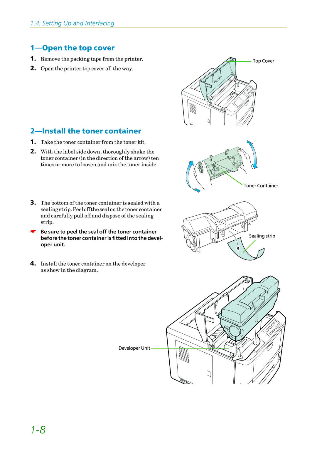 Kyocera 3750, FS1750 manual Open the top cover, Install the toner container 