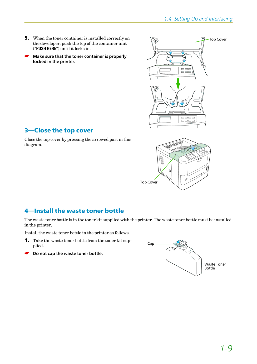 Kyocera FS1750, 3750 manual Close the top cover, Install the waste toner bottle 