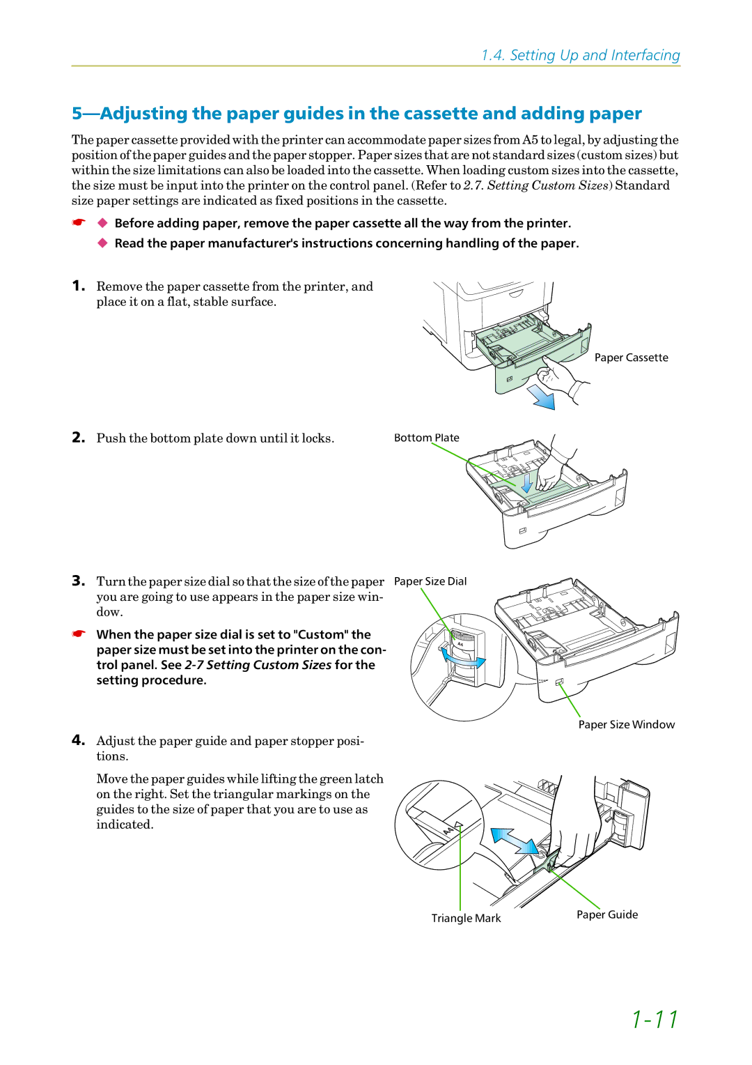 Kyocera FS1750, 3750 manual Adjusting the paper guides in the cassette and adding paper 