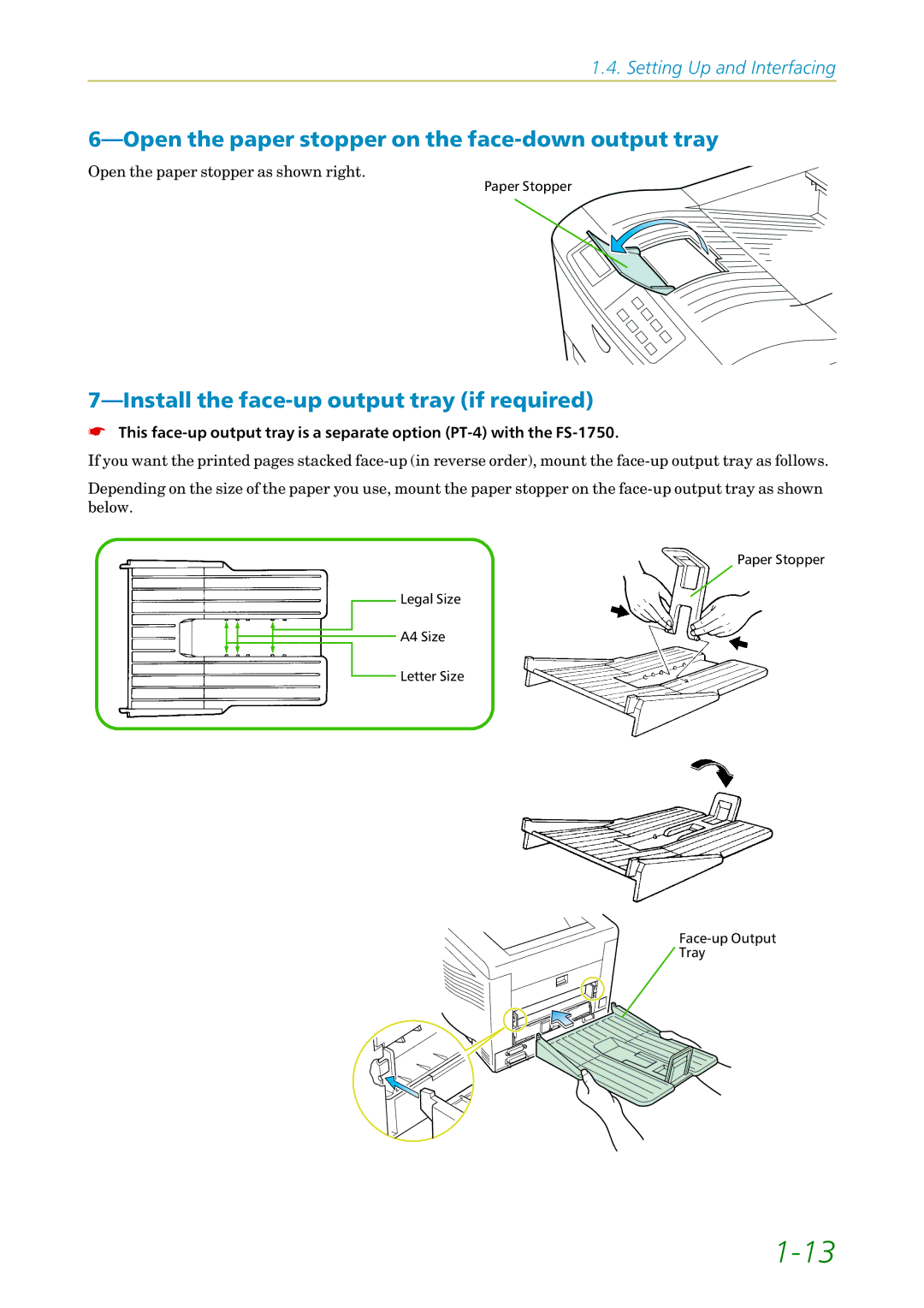 Kyocera FS1750, 3750 manual Open the paper stopper on the face-down output tray, Install the face-up output tray if required 