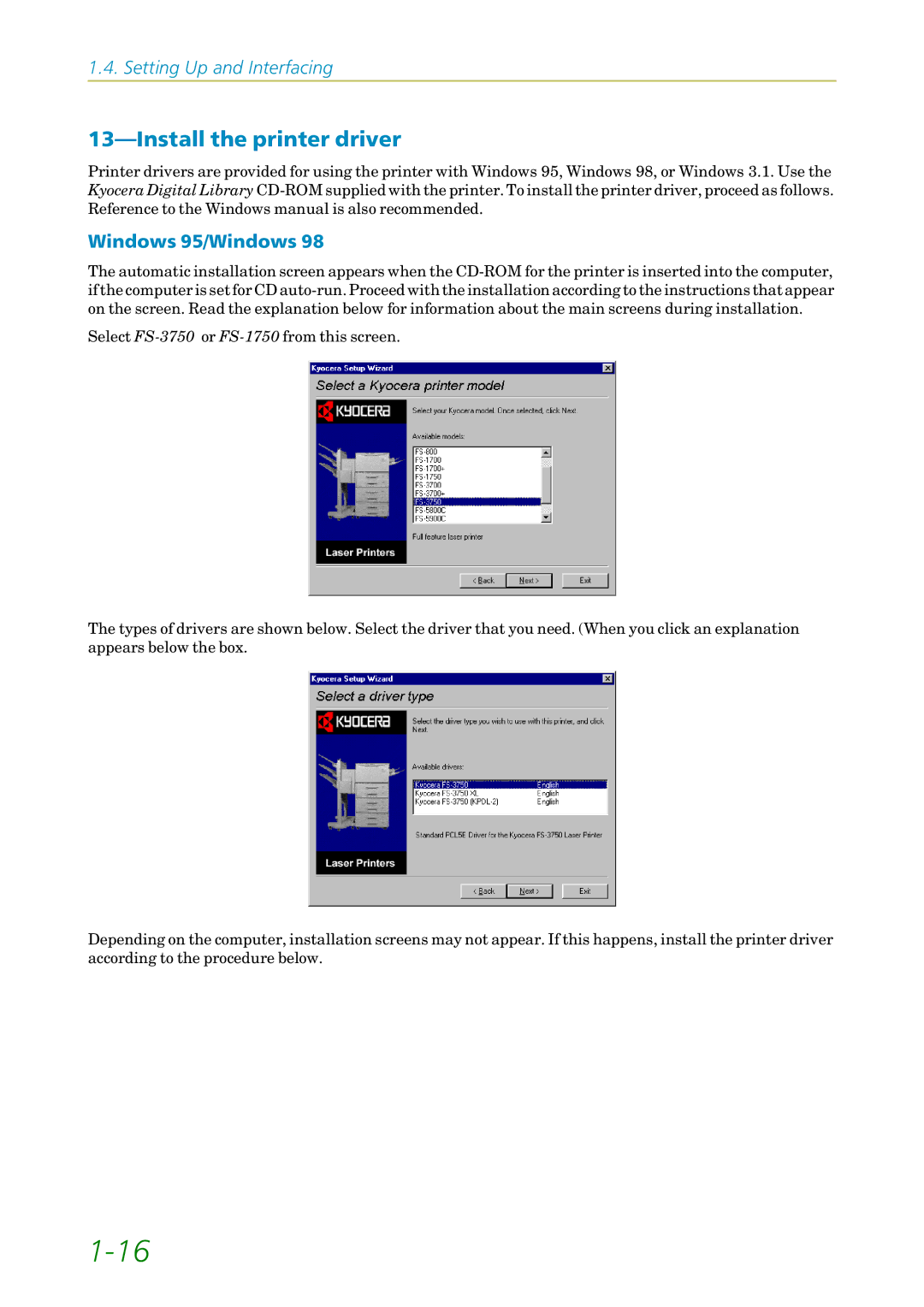 Kyocera 3750, FS1750 manual Install the printer driver, Windows 95/Windows 