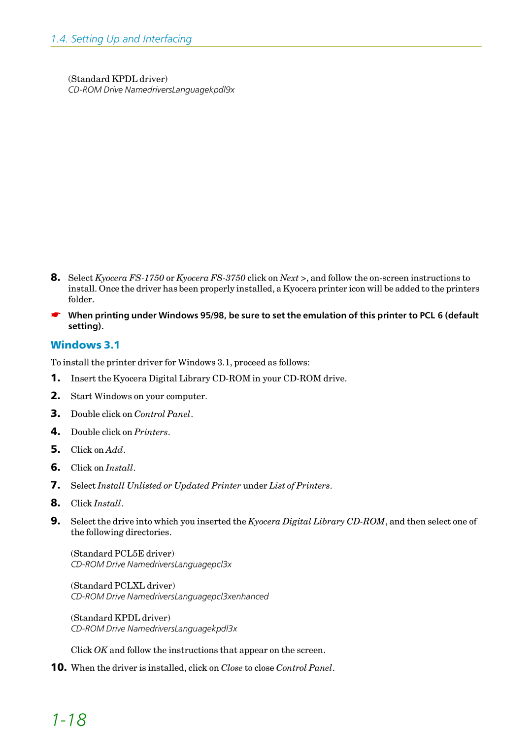 Kyocera 3750, FS1750 manual Windows, CD-ROM Drive Name\drivers\Language\kpdl\9x 