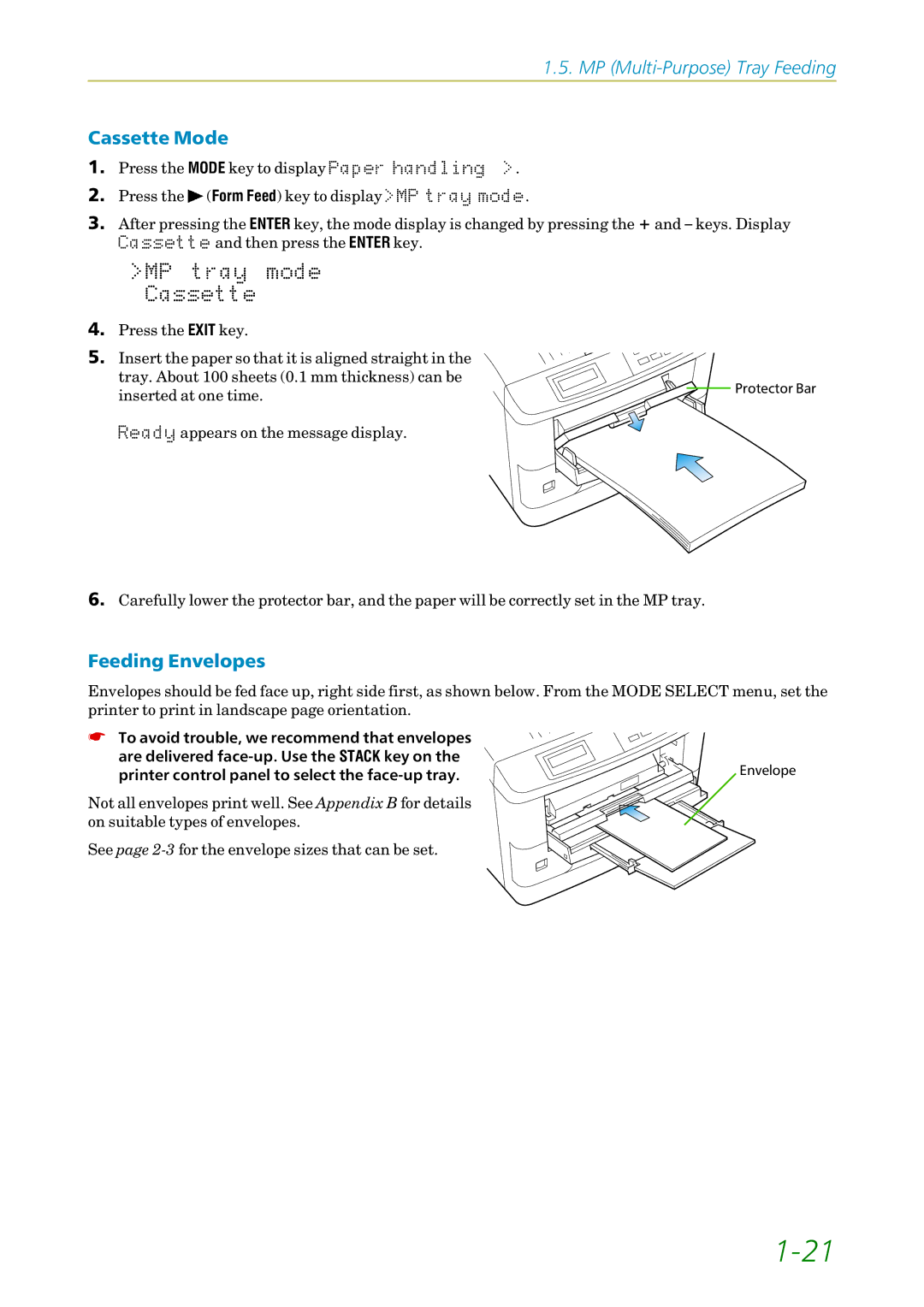 Kyocera FS1750, 3750 manual Cassette Mode, Feeding Envelopes 