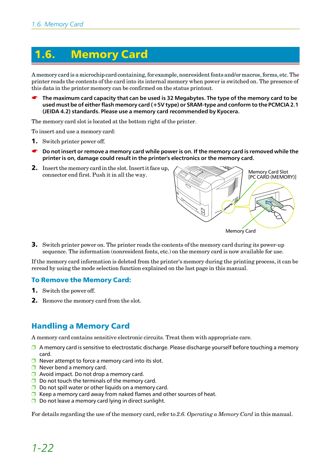 Kyocera 3750, FS1750 manual Handling a Memory Card, To Remove the Memory Card 