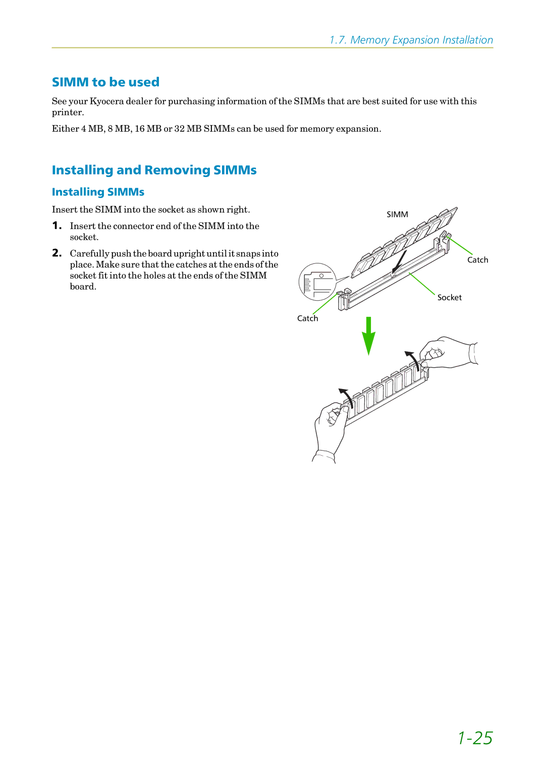 Kyocera FS1750, 3750 manual Simm to be used, Installing and Removing SIMMs, Installing SIMMs 