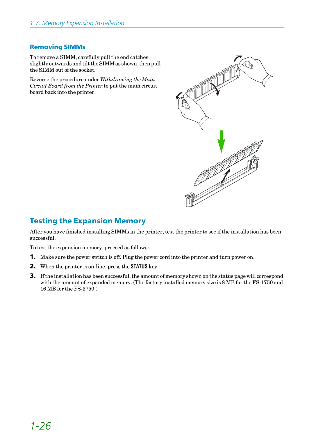 Kyocera 3750, FS1750 manual Testing the Expansion Memory, Removing SIMMs 