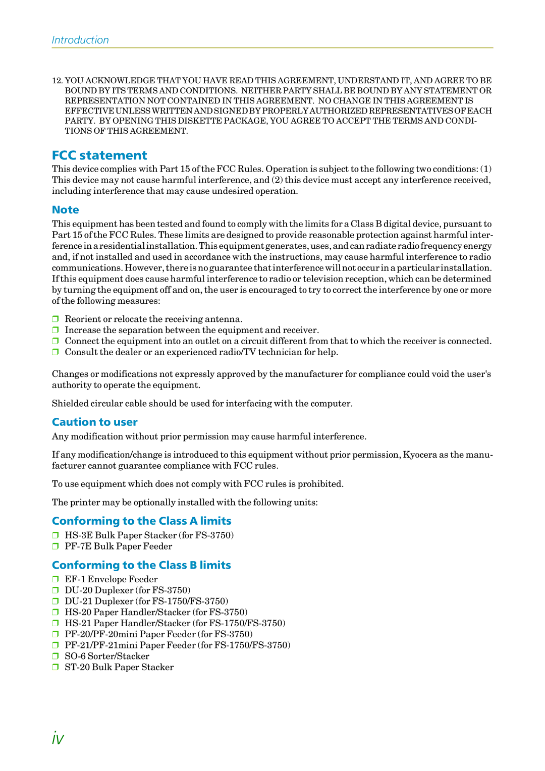 Kyocera 3750, FS1750 manual FCC statement, Conforming to the Class a limits, Conforming to the Class B limits 