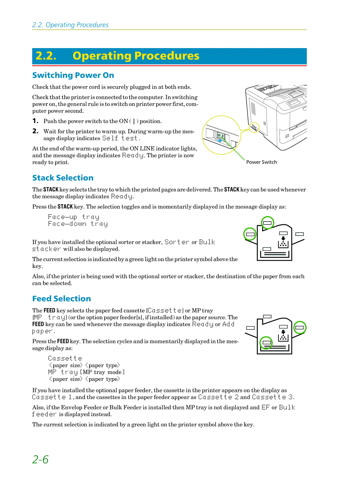 Kyocera 3750, FS1750 manual Operating Procedures, Switching Power On, Stack Selection, Feed Selection 