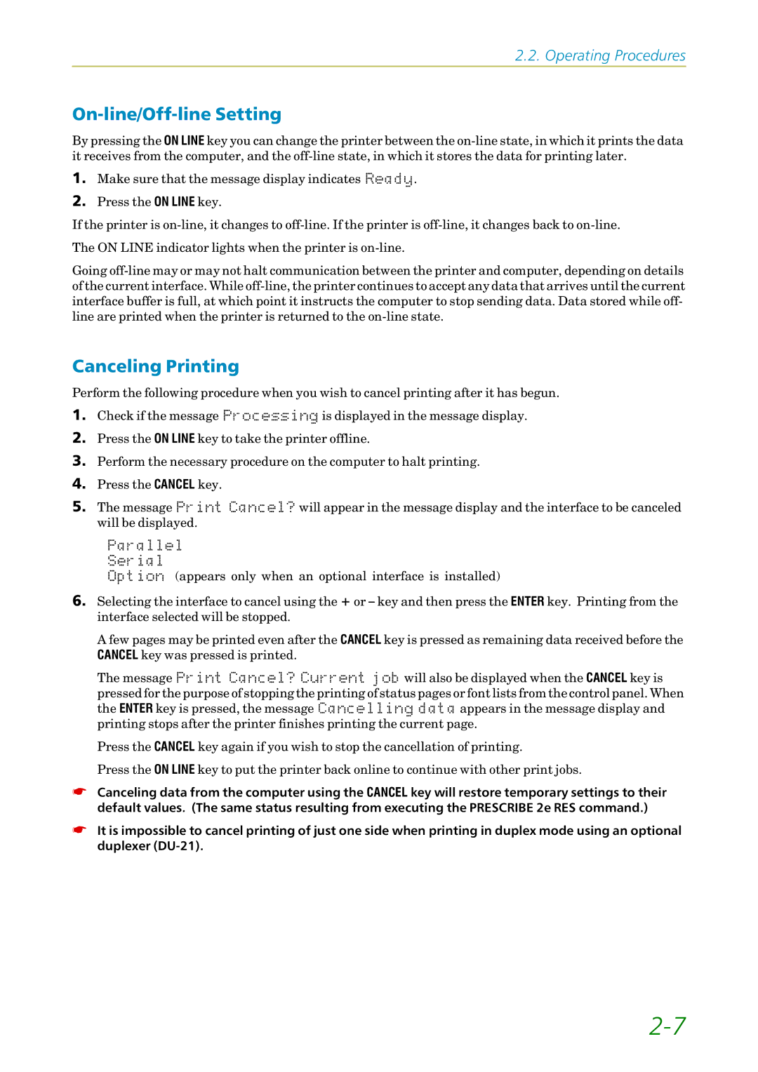 Kyocera FS1750, 3750 manual On-line/Off-line Setting, Canceling Printing 