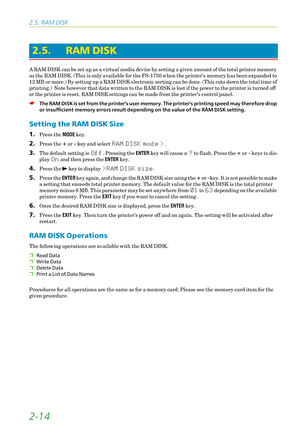 Kyocera 3750, FS1750 manual Setting the RAM Disk Size, RAM Disk Operations 