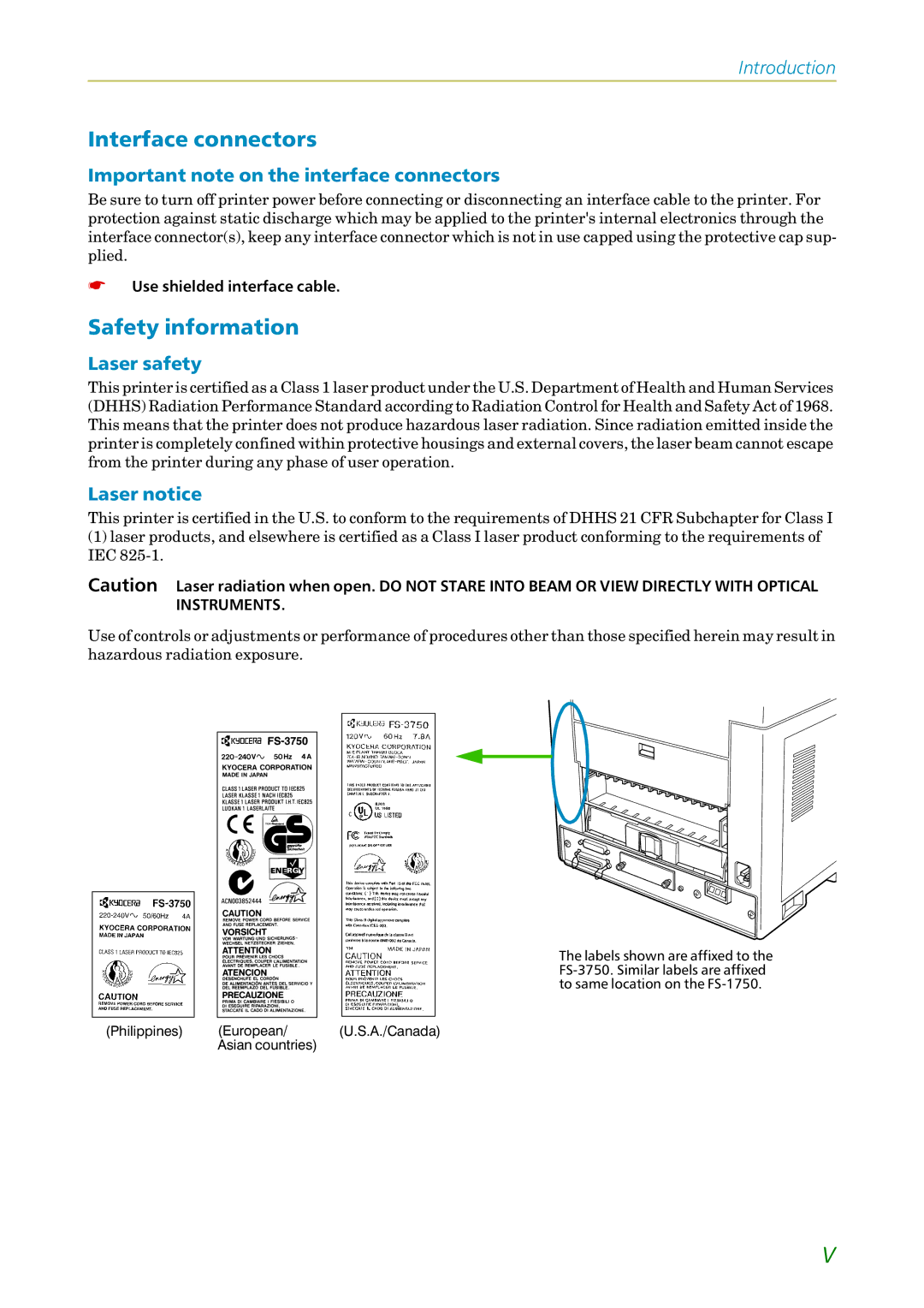 Kyocera FS1750, 3750 Interface connectors, Safety information, Important note on the interface connectors, Laser safety 