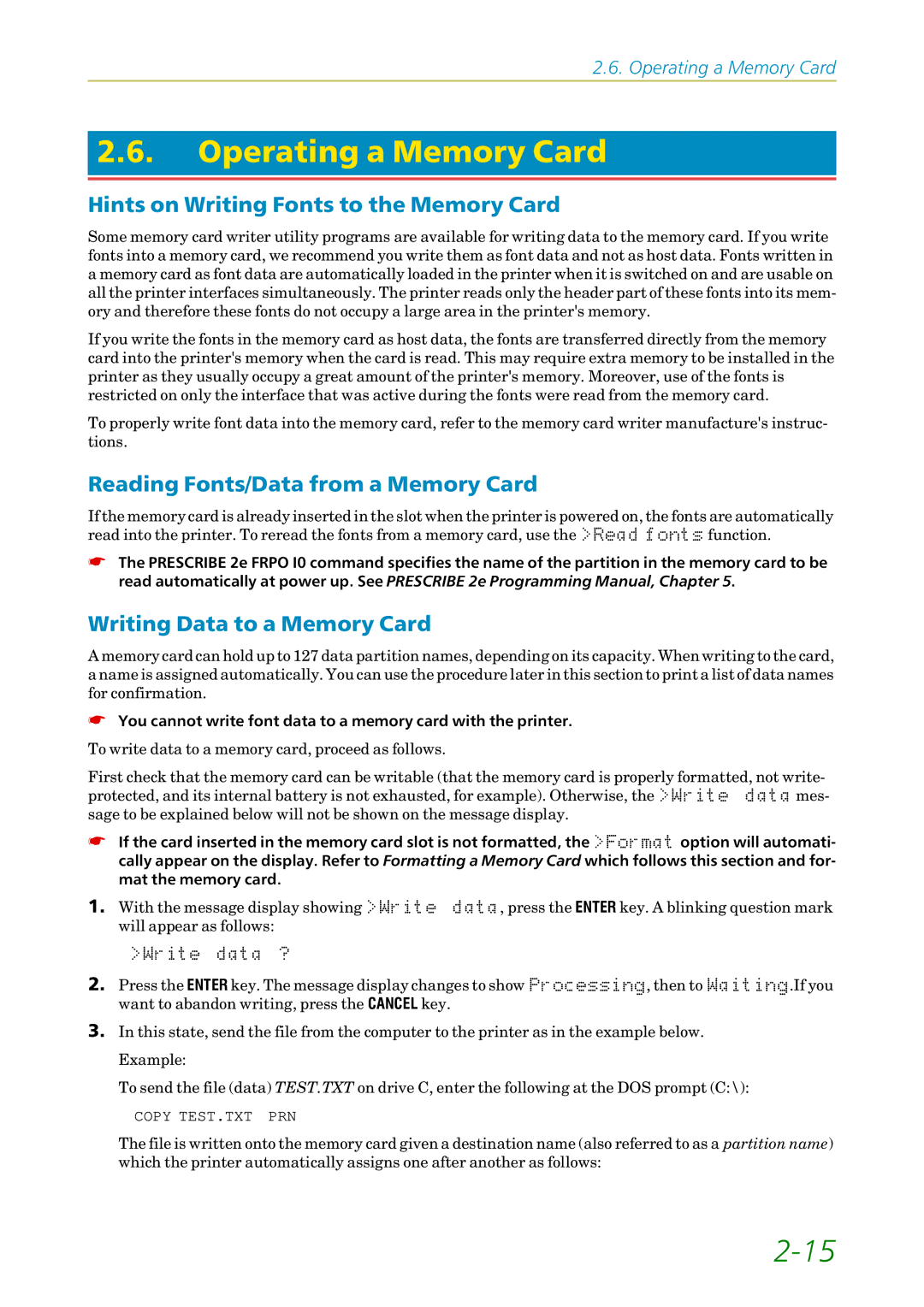 Kyocera FS1750 Operating a Memory Card, Hints on Writing Fonts to the Memory Card, Reading Fonts/Data from a Memory Card 