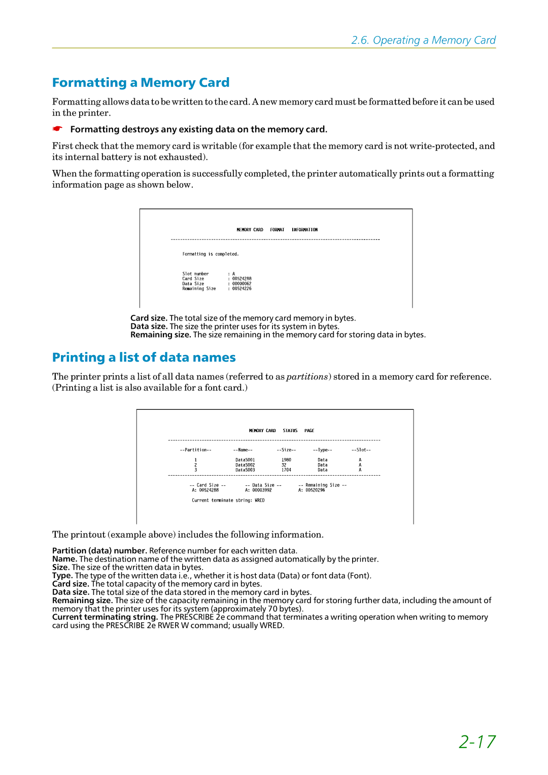 Kyocera FS1750, 3750 manual Formatting a Memory Card, Printing a list of data names 