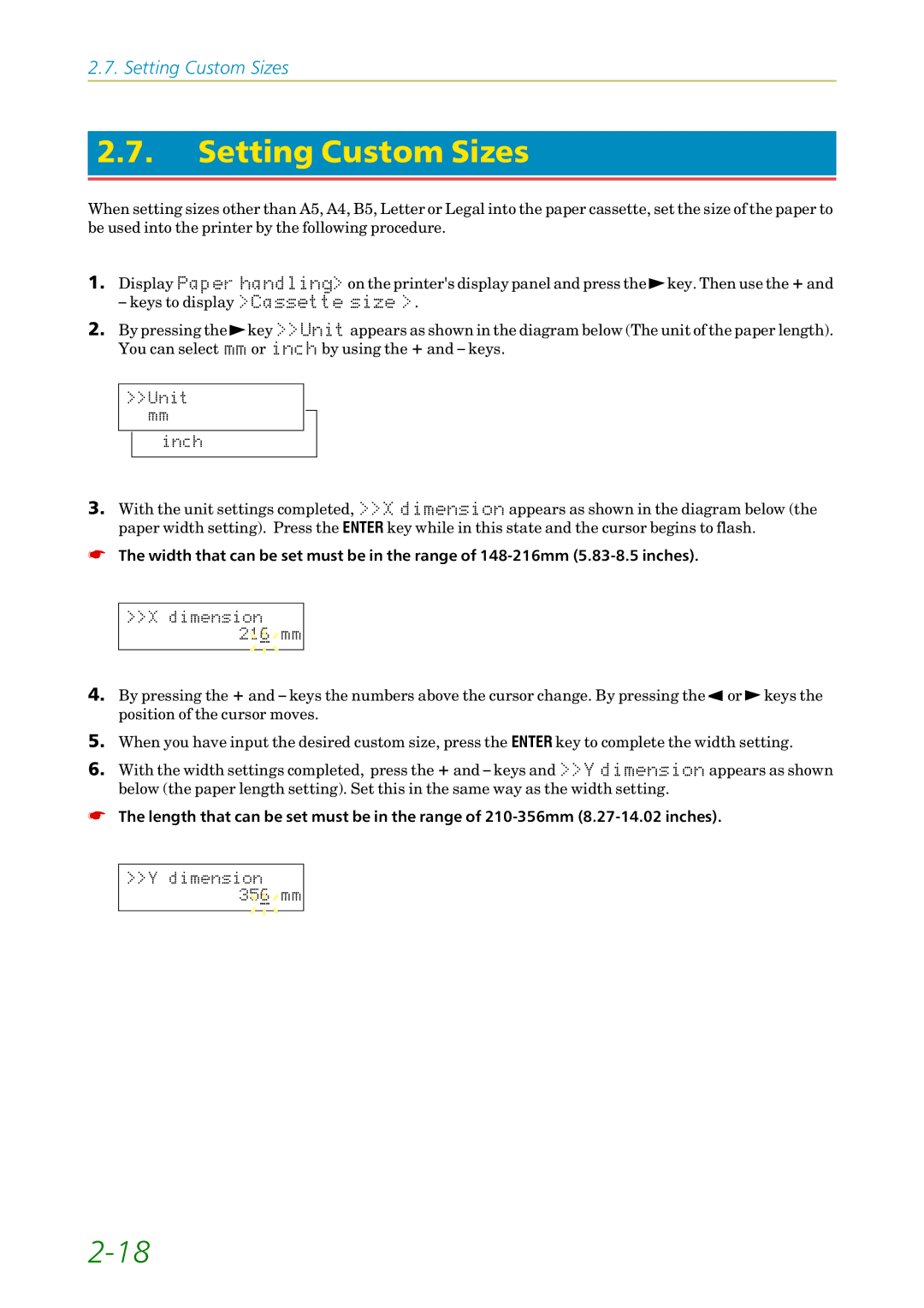 Kyocera 3750, FS1750 manual Setting Custom Sizes, Keys to displayý!&DVVHWWHýVLHý 