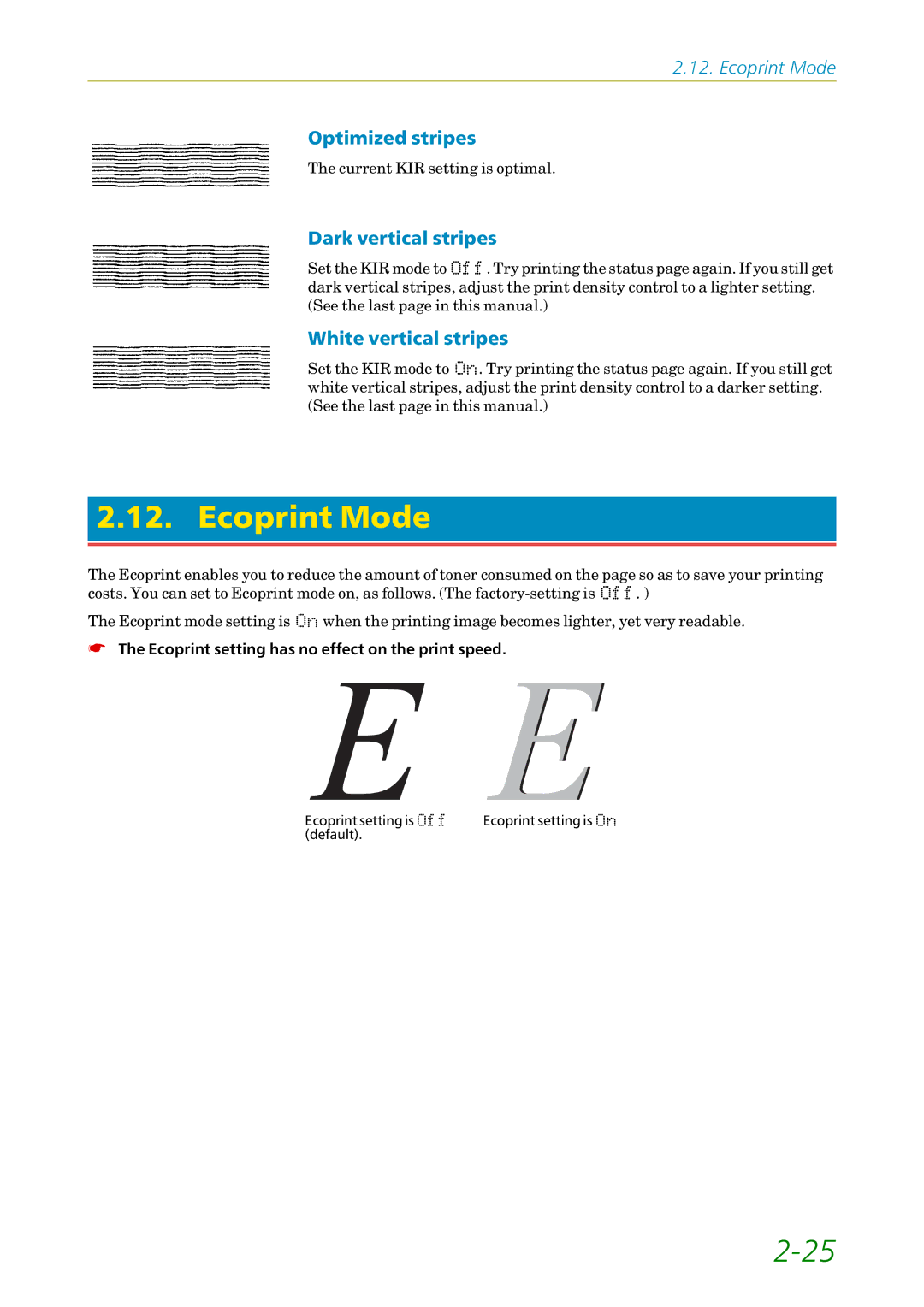 Kyocera FS1750, 3750 manual Ecoprint Mode, Optimized stripes, Dark vertical stripes, White vertical stripes 