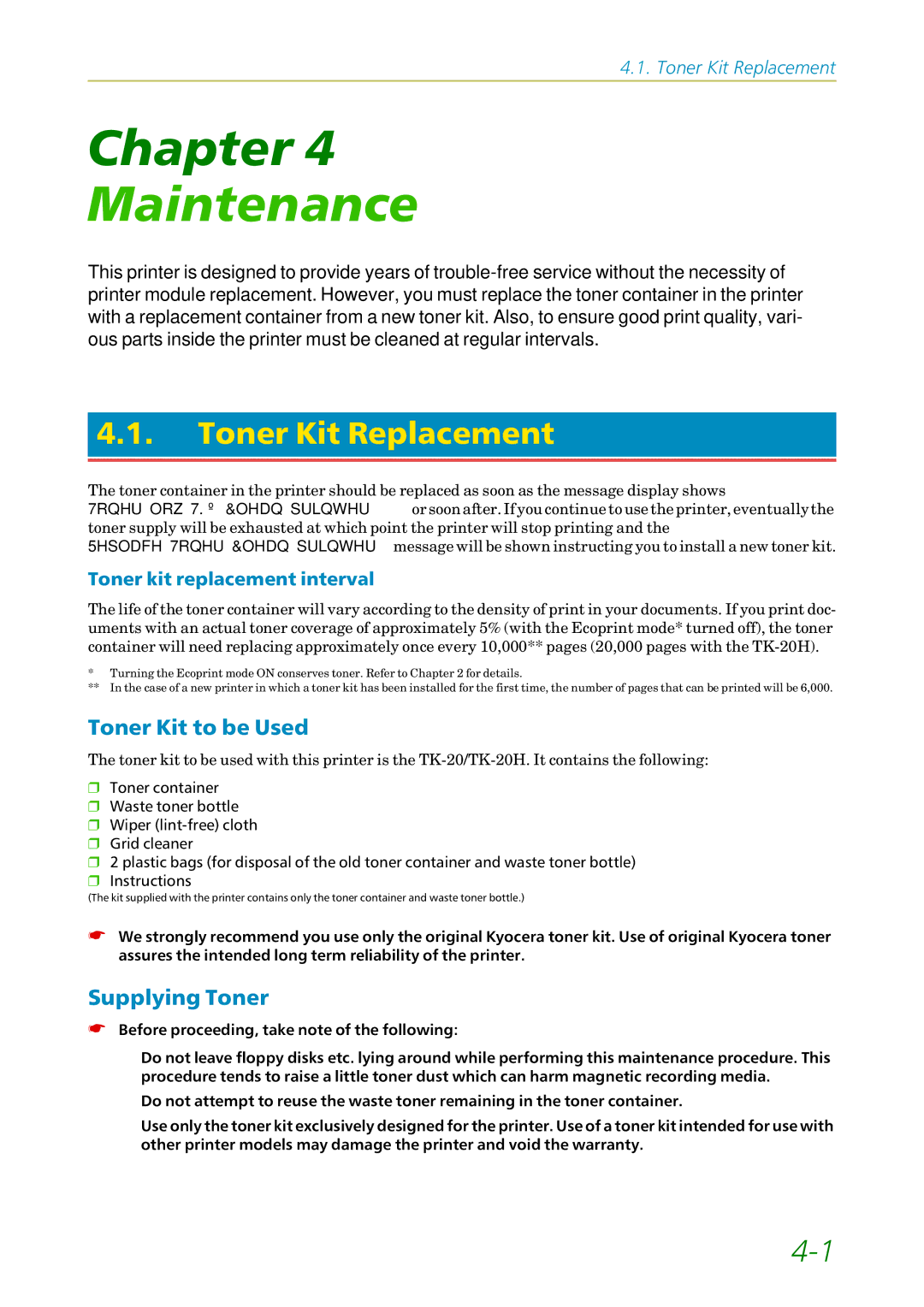 Kyocera 3750, FS1750 manual Toner Kit Replacement, Toner Kit to be Used, Supplying Toner, Toner kit replacement interval 